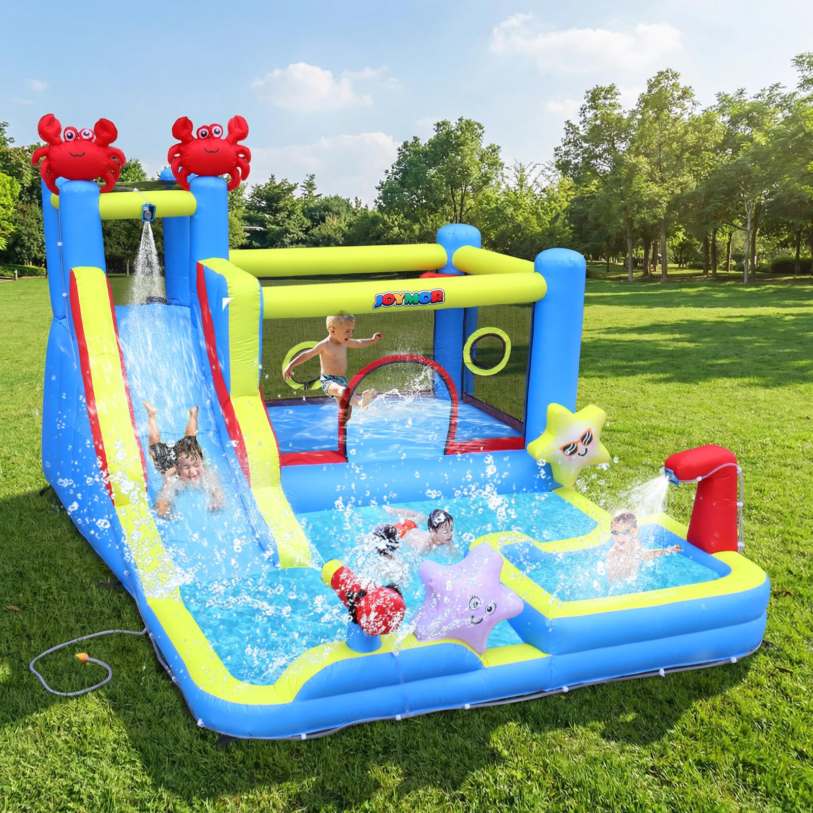 Bonnlo Chateau Gonflable avec Piscine, Toboggan Aquatique pour Enfant, Aire de Jeux Gonflable 375 x 292 x 230 cm (Ventilateur Inclus) (Bleu-Thème Océanique)