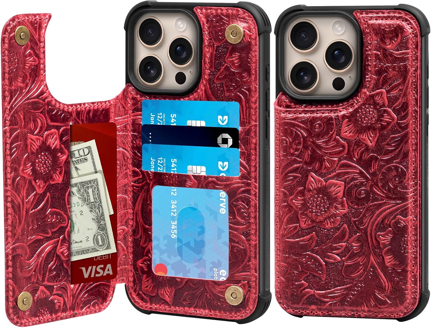 Wallet Real Leather Case Compatible with iPhone 16 Pro Max 6.9" ，Genuine Leather，Shockproof, Anti-Fall Case, Flip Cover, with Card Slot, Double Magnetic Buckle, Kickstand, Red