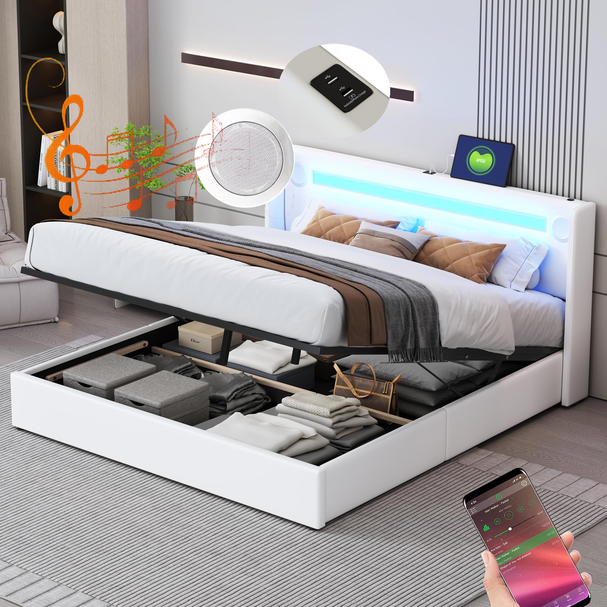 Merax Cama tapizada de 160 x 200 cm con tiras de luz LED, espacio de almacenamiento doble con reproductor Bluetooth y carga USB, para jóvenes y adultos, piel sintética blanca (sin colchón)