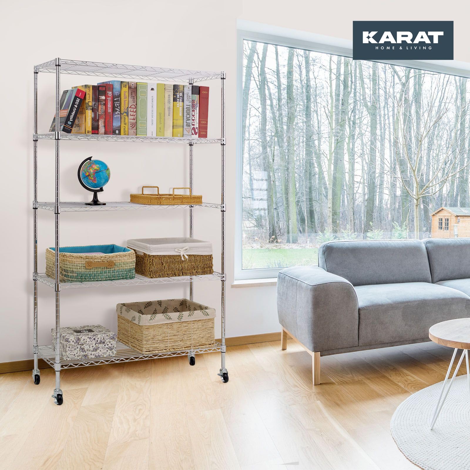 KARAT Scaffalatura su rotelle, in Metallo con 5 Ripiani, Carrello per Cucina, Bagno, Cantina, ripostiglio Fino a 120 kg, Carrello da Cucina su Ruote, Cromato 89 x 34 x 150 cm