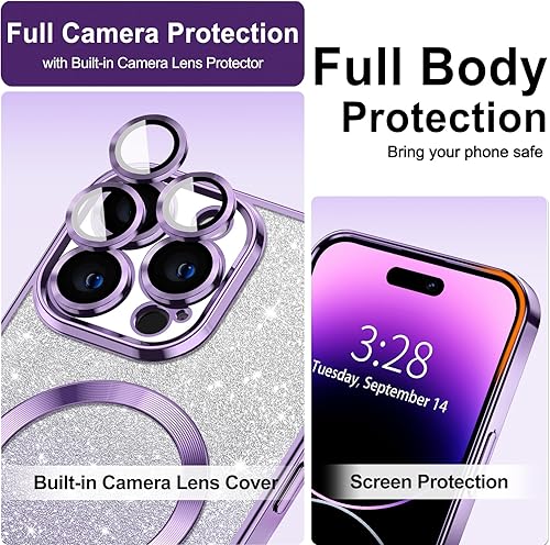 Miniatura 3 de Hython Funda para iPhone 14 Pro Max transparente con purpurina magnética compatible con MagSafe Protector completo de lente de cámara delgado,