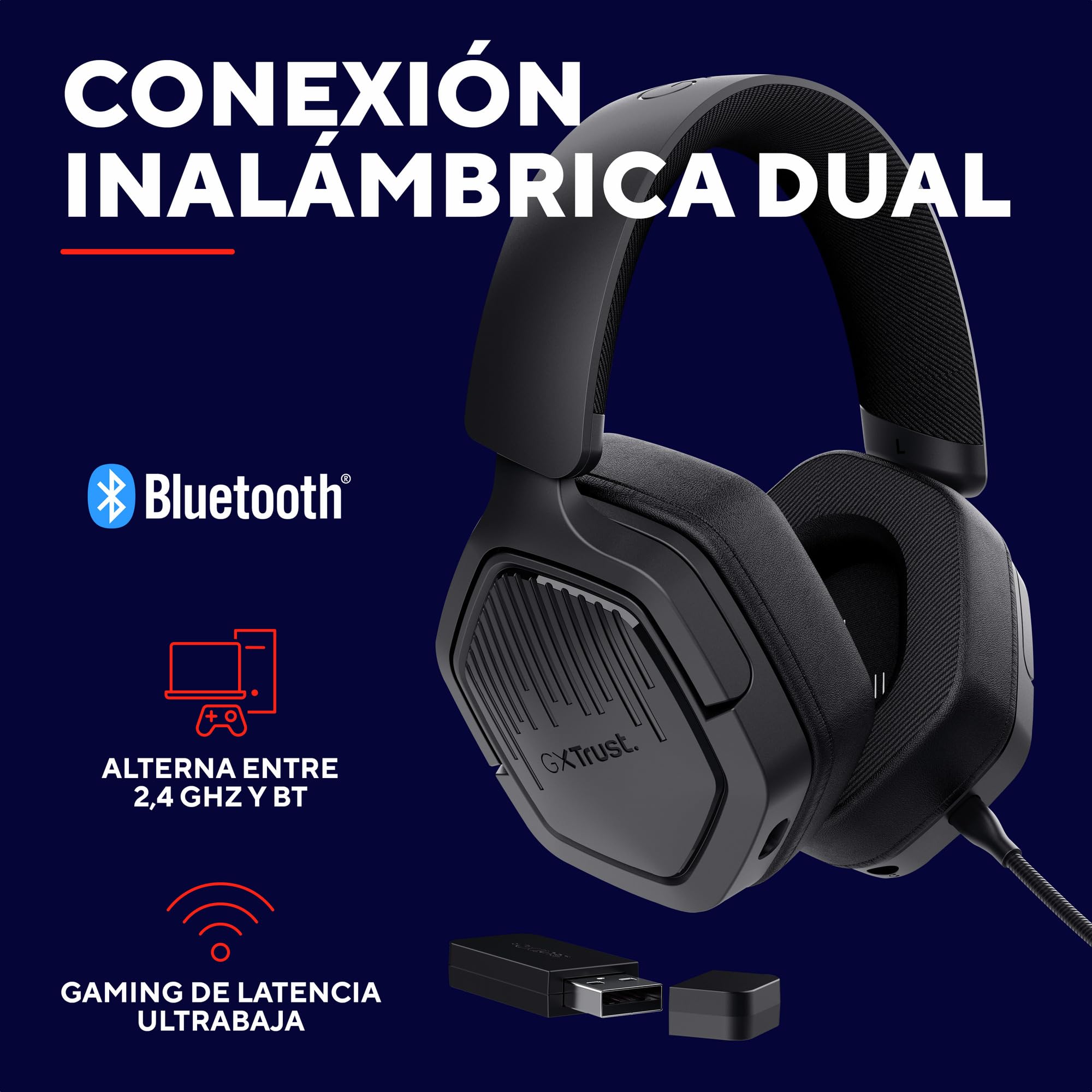 GXTrust 1493 Ravox Cascos Gaming Inalámbricos Bluetooth + 2.4GHz PS5 PS4 PC Switch Xbox Mobile, Altavoces 50mm, Batería de 70 Horas, Baja Latencia, Auriculares Inalámbricos Over-Ear, Negro