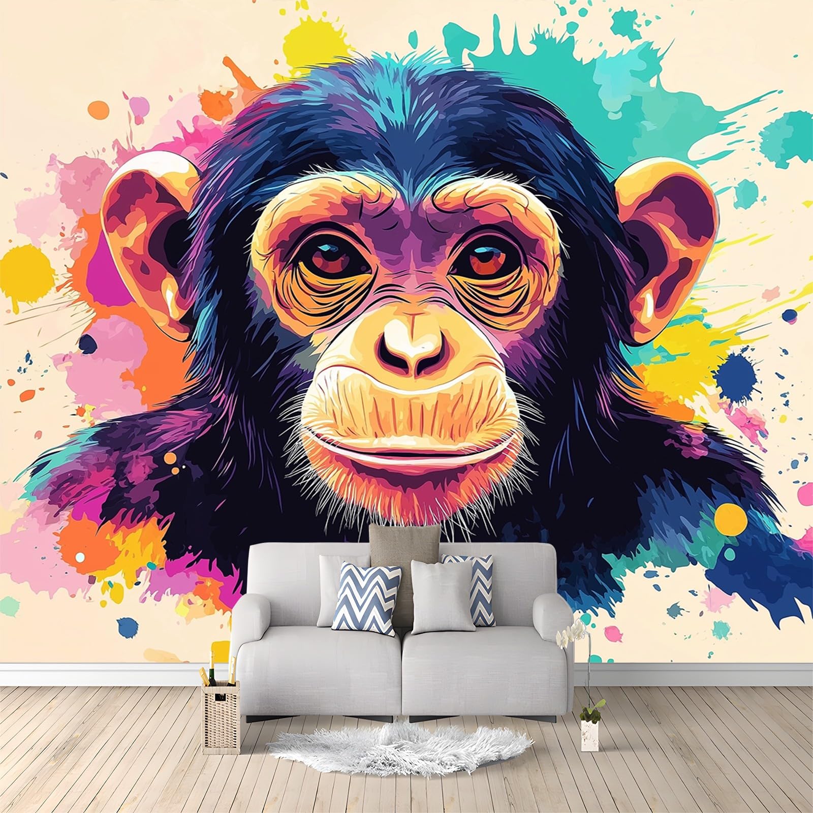Photo Wallpaper 400 x 280 cm 3D Effect Murals Wallpaper Doodle Style Monkey Portrait Poster Wallpaper Decoration for Bedroom Dining Room Kitchen and kidsroom Colorful Art Mural Wallpaper