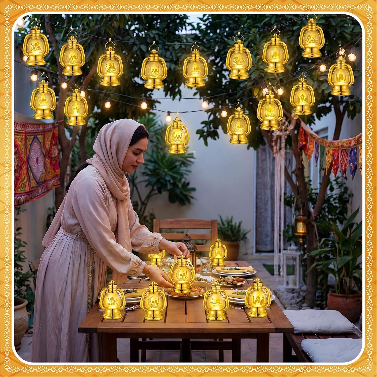 ROCEEI 24 Pcs Ramadan Eid Lantern Mini Gold Lanterns Decorative with LED Candles Small Eid Mubarak Decor Vintage Hanging Lantern Lights for Home Table Centerpiece Party Gift