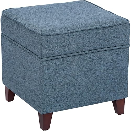 Adeco 17" Square Ottoman with Storage- Small Storage Ottoman Foot Rest with Hinged Lid- Blue Faux Linen Fabric Upholstered Footstool with Sturdy Wood Legs
