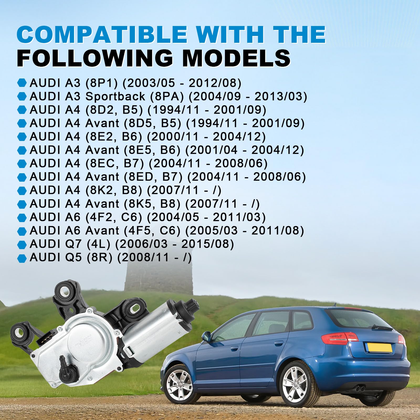 Motore tergicristallo posteriore Motore tergicristallo lunotto posteriore Compatibile con A3 8P A4 A6 Q5 Q7 2000-2019, sostituisce 8E9955711D 8E9955711A 8E9955711B 8E9955711C