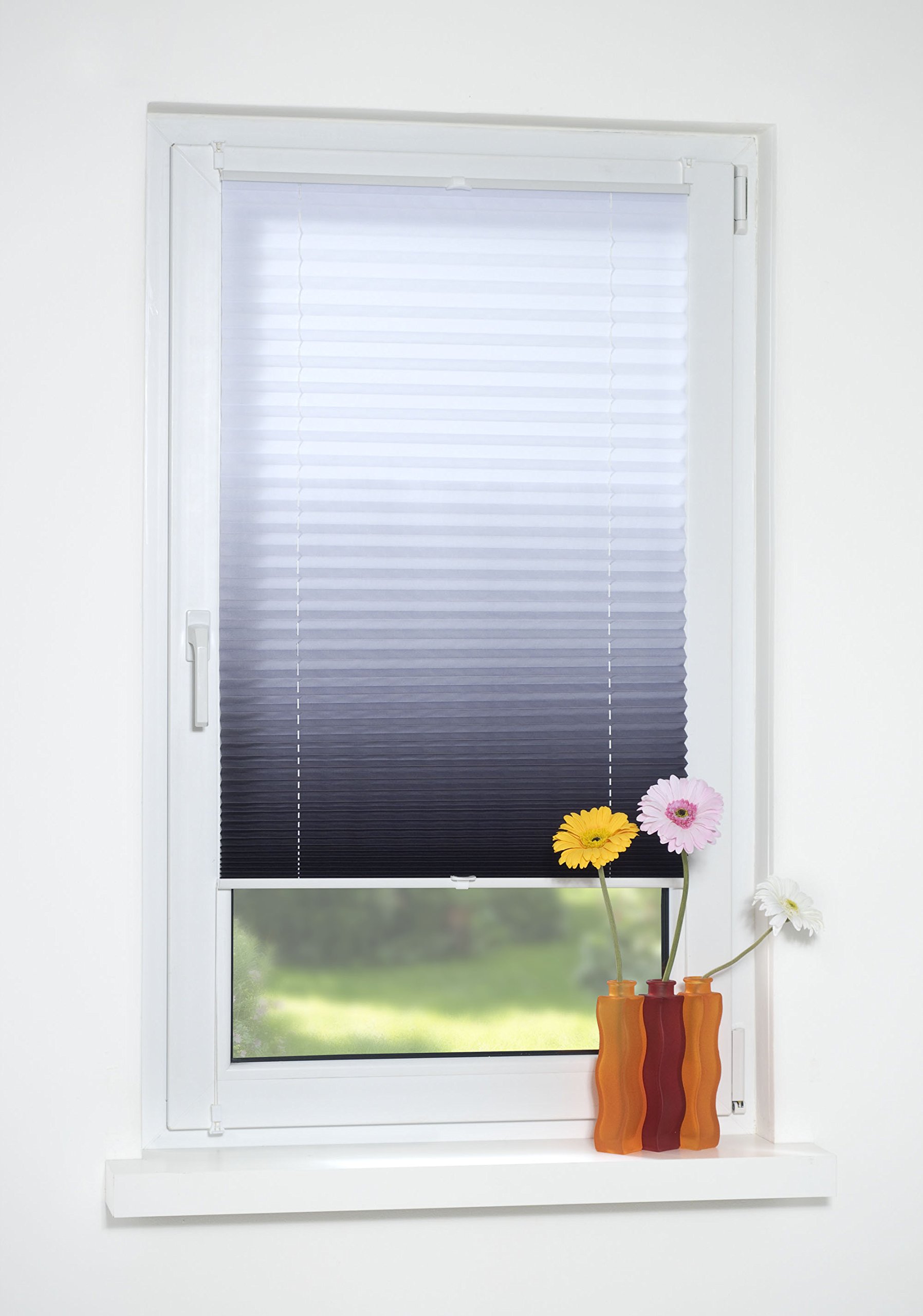 Plissee Farbverlauf, Stoff: 100% Polyester, verspannt ohne Bohren oder Schrauben, 100 x 130 grau, blickdichte Transparenz, lichtdurchlässig