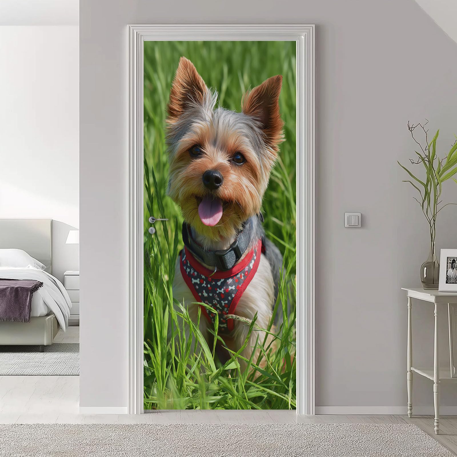 Adesivo per porta con cucciolo di animale, motivo prato verde naturale, in PVC, impermeabile, rimovibile, decorazione per porta per camera da letto, soggiorno, decorazione per la casa, 95 x 210 cm