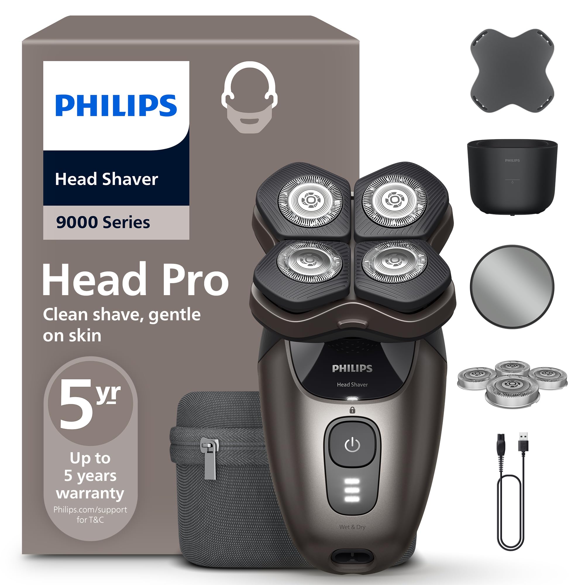 Philips Head Shaver Pro Serie 9000 - Rasoio per uomo e donna, testina flessibile a 360° e lame ComfortCut per una rasatura pulita e delicata sulla pelle, modello HS9980/15