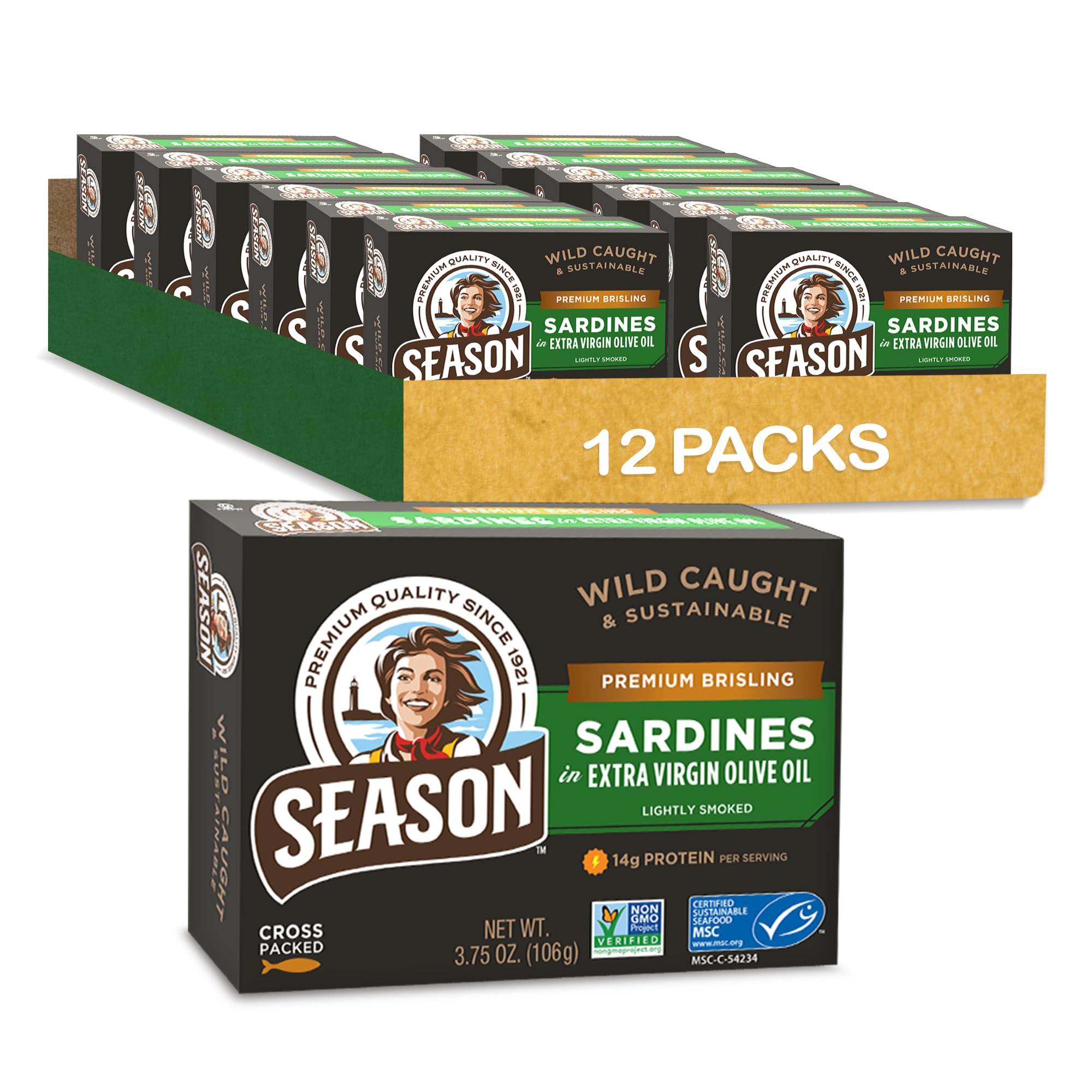 Season Brisling Sardines in Olive Oil - Wild Caught, 13g of Protein, Keto Snacks, More Omega 3's Than Tuna, Kosher, High in Calcium, Canned Sardines, Two Layers - 3.75 Oz Tins, 12-Pack