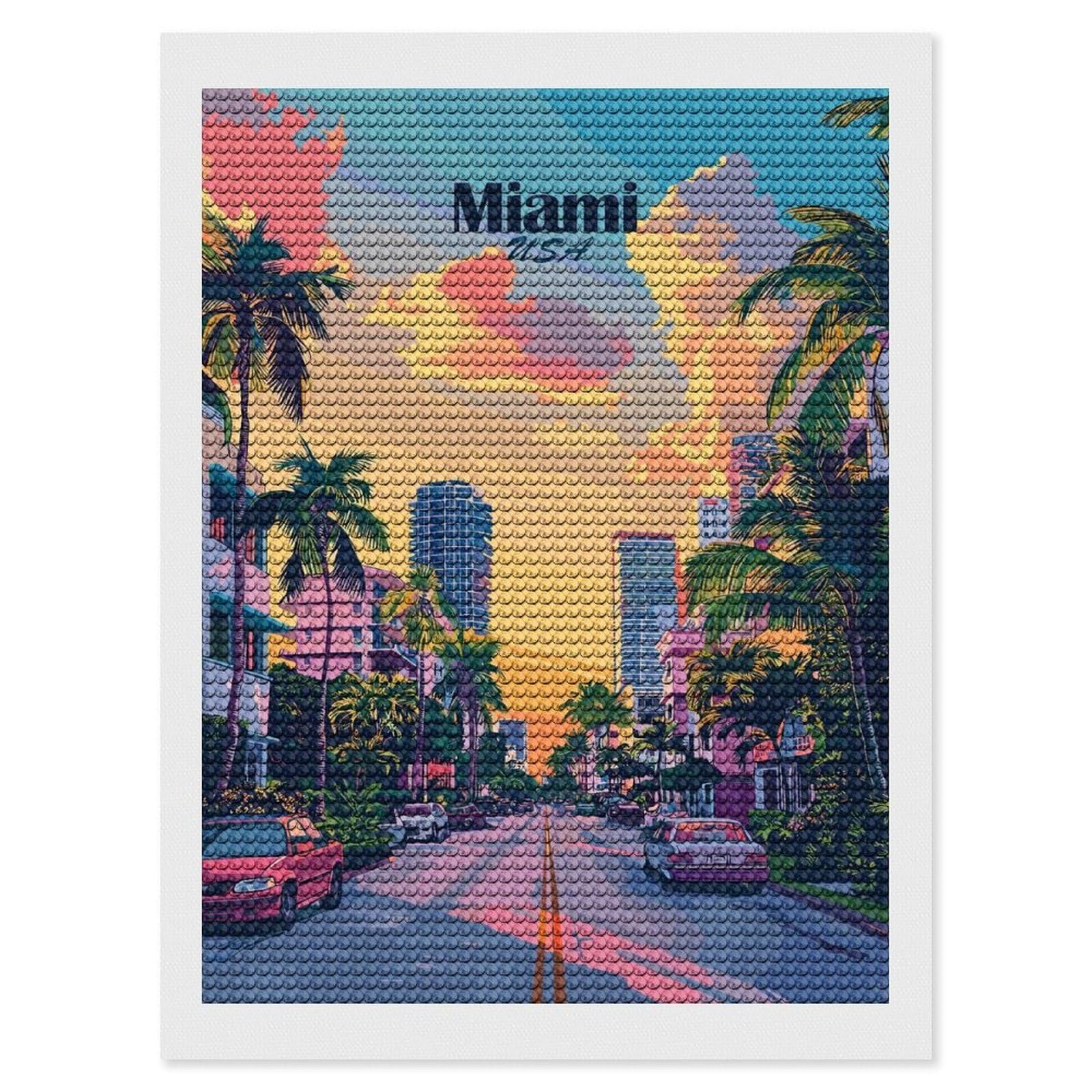 Junmoney Miami USA Cityscape with Palm Trees Diamond Art Canvas 12"x16", for Creative Relaxation, Simple to Start, Aesthetic Room Decor, Holiday Gift Idea