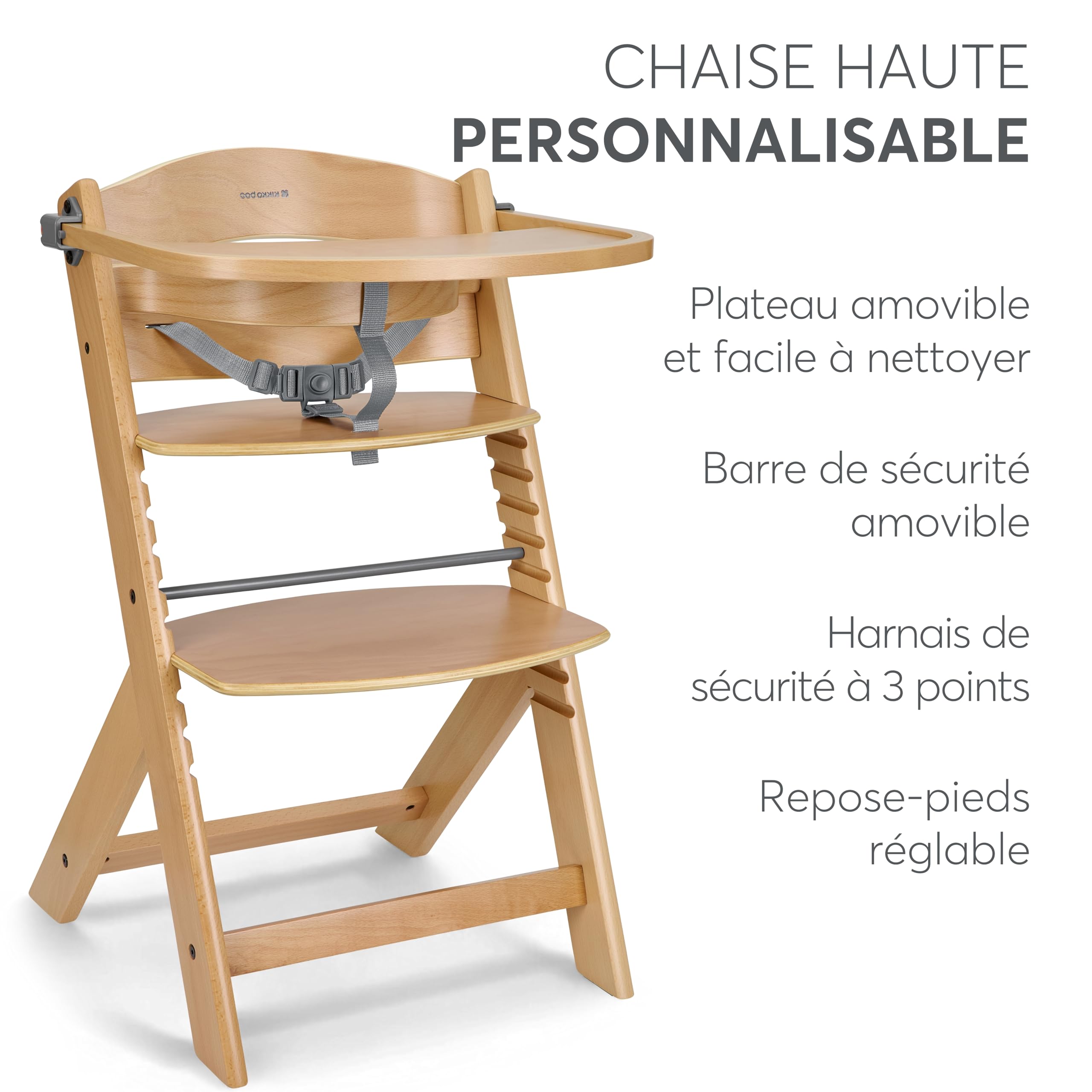 KikkaBoo Chaise Haute Bébé Évolutive en Bois NORDY, Bois de Hêtre, Réglable jusqu’à 35 kg, Plateau Amovible, Siège et Repose-Pieds Réglables, Harnais 3 Points, Bois