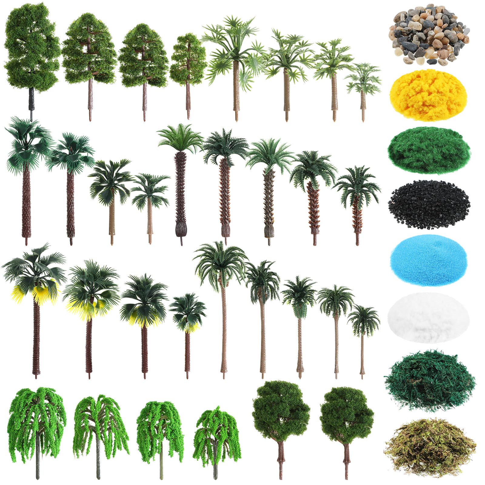 Thiccywoov 40 Pcs Diorama Supplies Kit Include 32 Miniature Trees 1.2-6.2 Inch Mini Mixed Model Plastic Fake Architecture 8 Bags Scenery Basing Material Kit for DIY Craft(Tropical Trees)