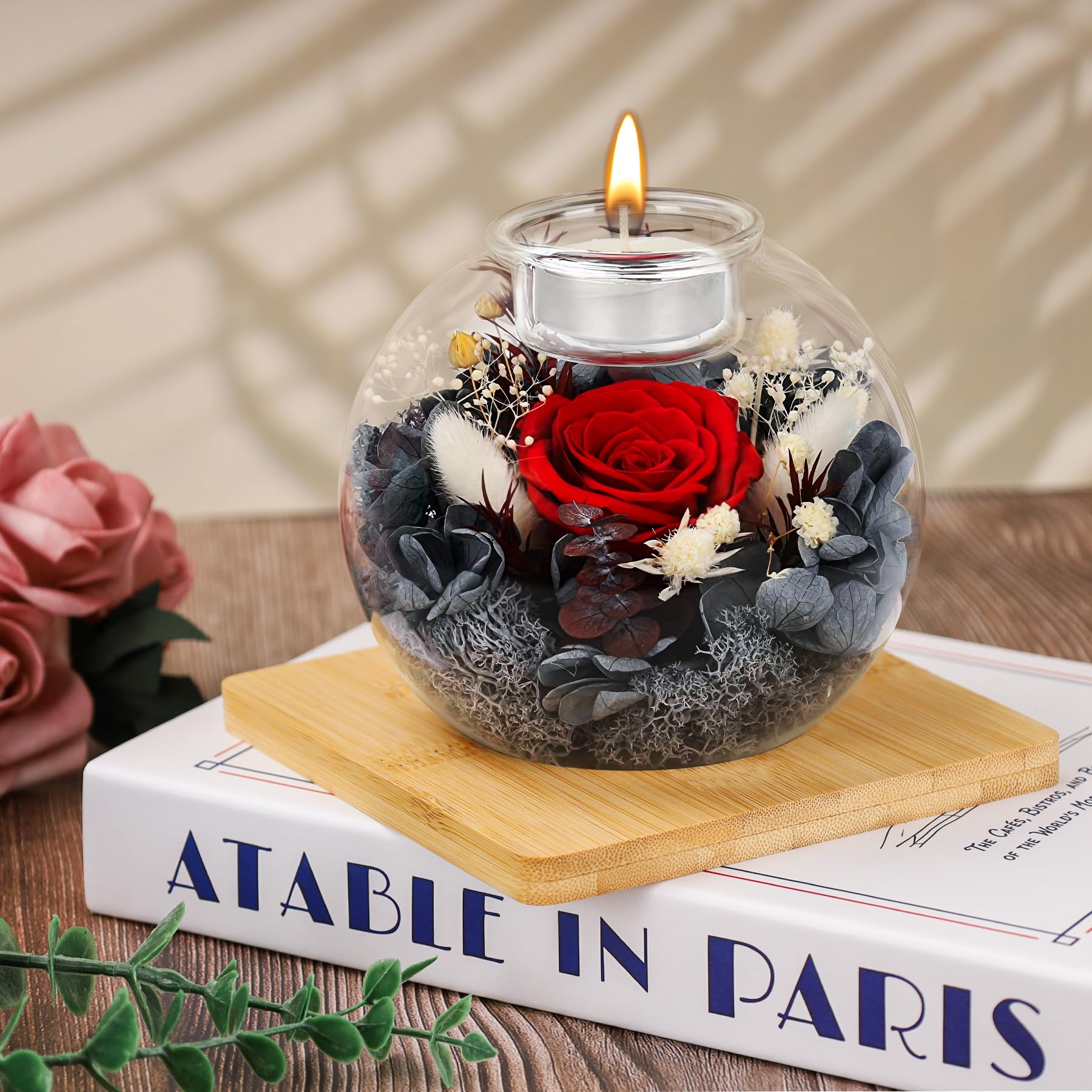 Rose Éternelle en Verre, Coffret Cadeau de Rose Préservée et Bougies Parfumées, Cadeau d'anniversaire Fête des Mères Saint-Valentin Noël pour Maman, Petite Amie, épouse, Femme (Rouge)