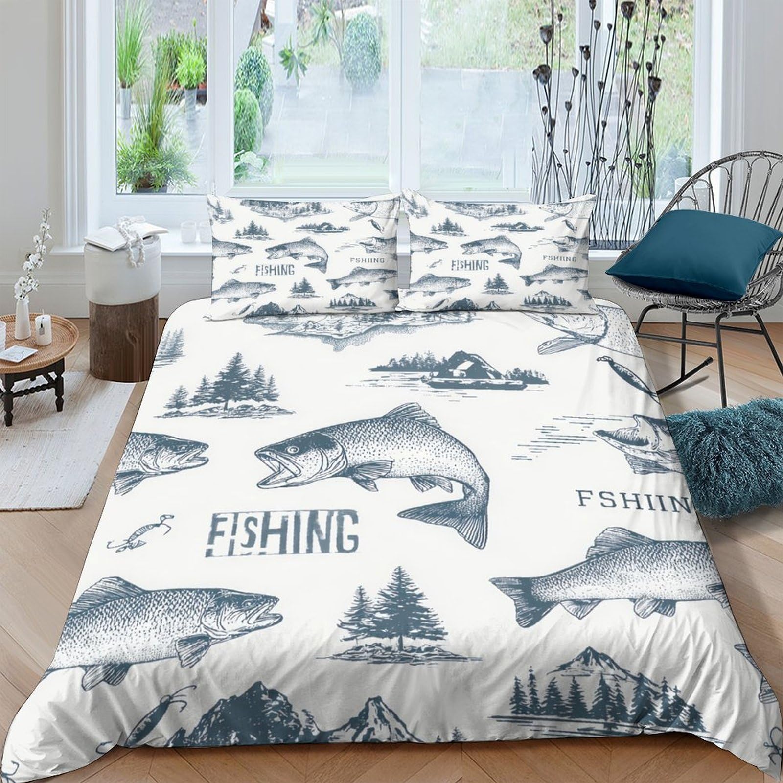 Ctjqhvkz Style-10 3D Printed Fishing Salmon Fitted Sheet Microfiber Soft Grey Lake Landscape Mattress Cover For Bedroom Dorm Decor Single（135X200cm）