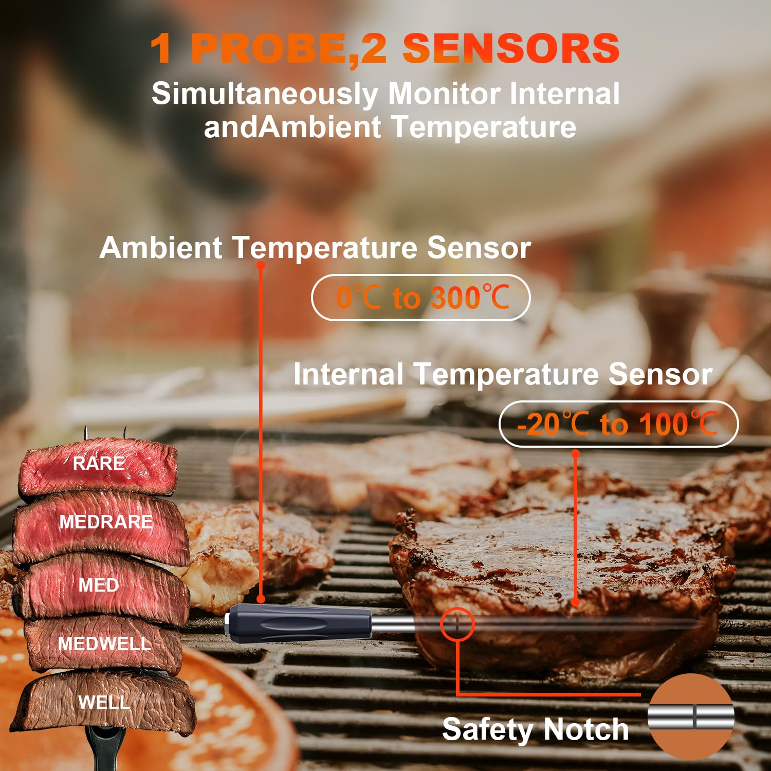 GRAM PRES Termómetro de carne inalámbrico, termómetro digital de cocina con sonda inalámbrica y alcance de 500 pies, termómetro para alimentos, aplicación iOS y Android, temperaturas preprogramadas