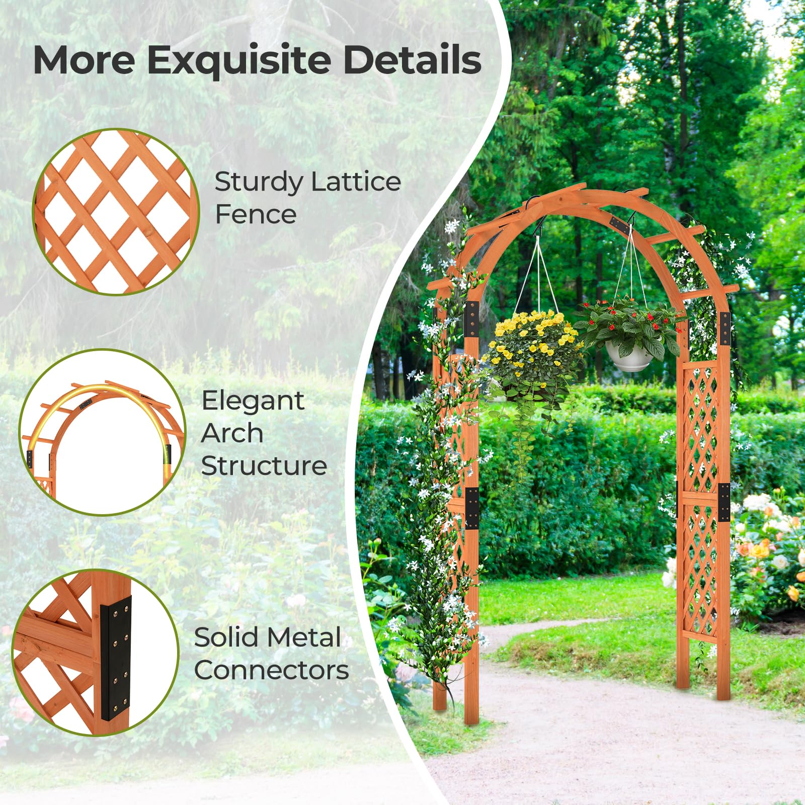 GOPLUS Rosenbogen aus Holz, 235 cm Gartenbogen für Kletterpflanzen, Torbogen mit Bogendach & Rankgitter, Rankkenbogen Pergola Hochzeitsbogen für Garten, Terrasse & Rasen Dekoration
