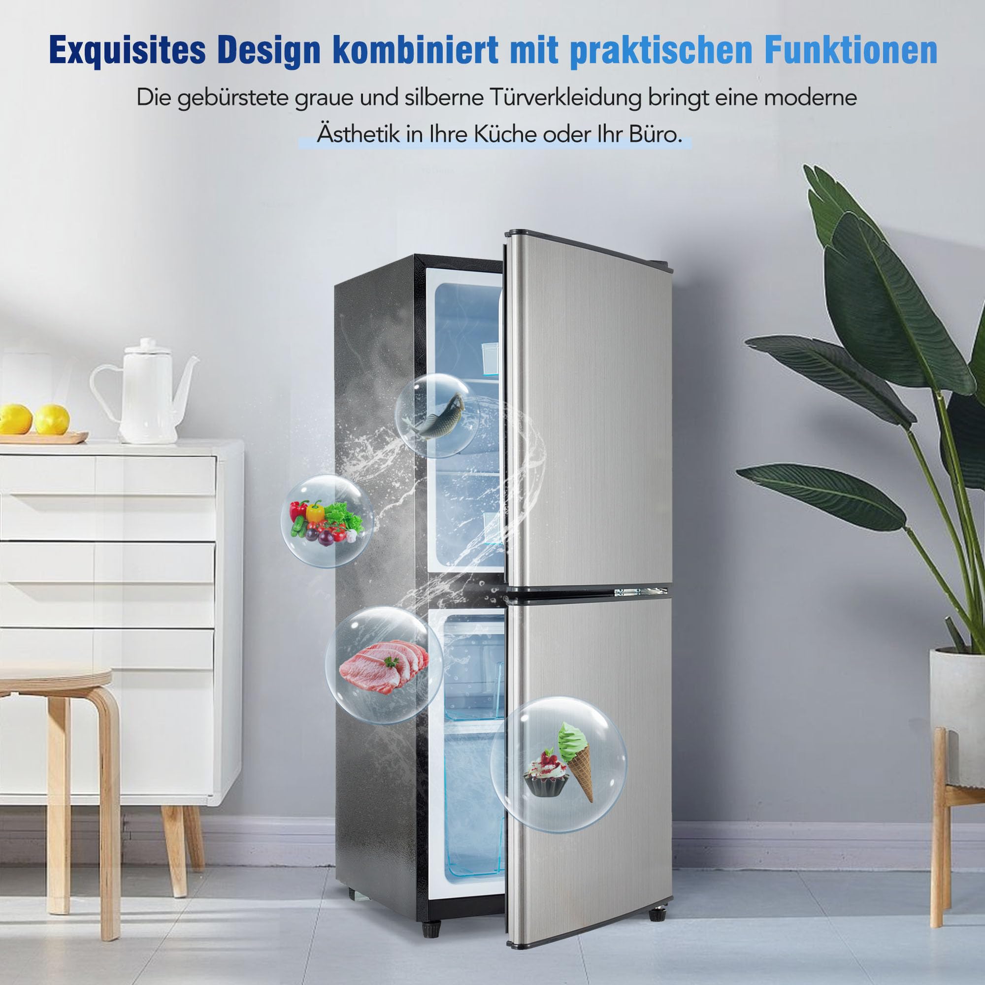 Gegtuon Frigorifero 106L, Frigo con Illuminazione a LED e Divisorio per Ripiani, Professional Frigo Bar Refrigerata con Congelatori e Porta Verstellbare per Cucina Ufficio, Classe E, 220-240V, Argento