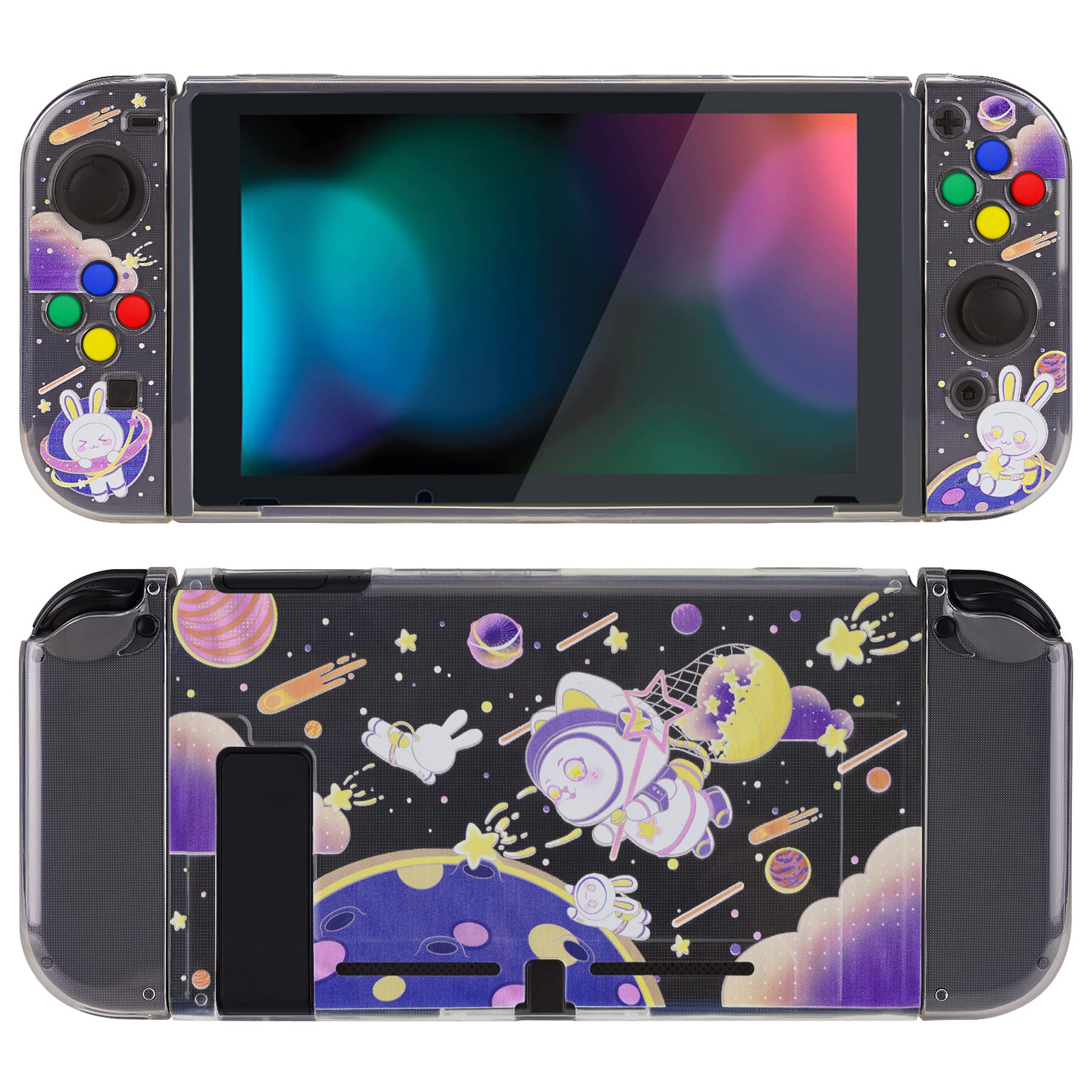 PlayVital Funda Protectora para Nintendo Switch - Estuche Delgado de TPU con Tapas de Botón para Consola, Incluye Caps Coloridos para Botones ABXY y Dirección (Aventura del Gato Espacial)