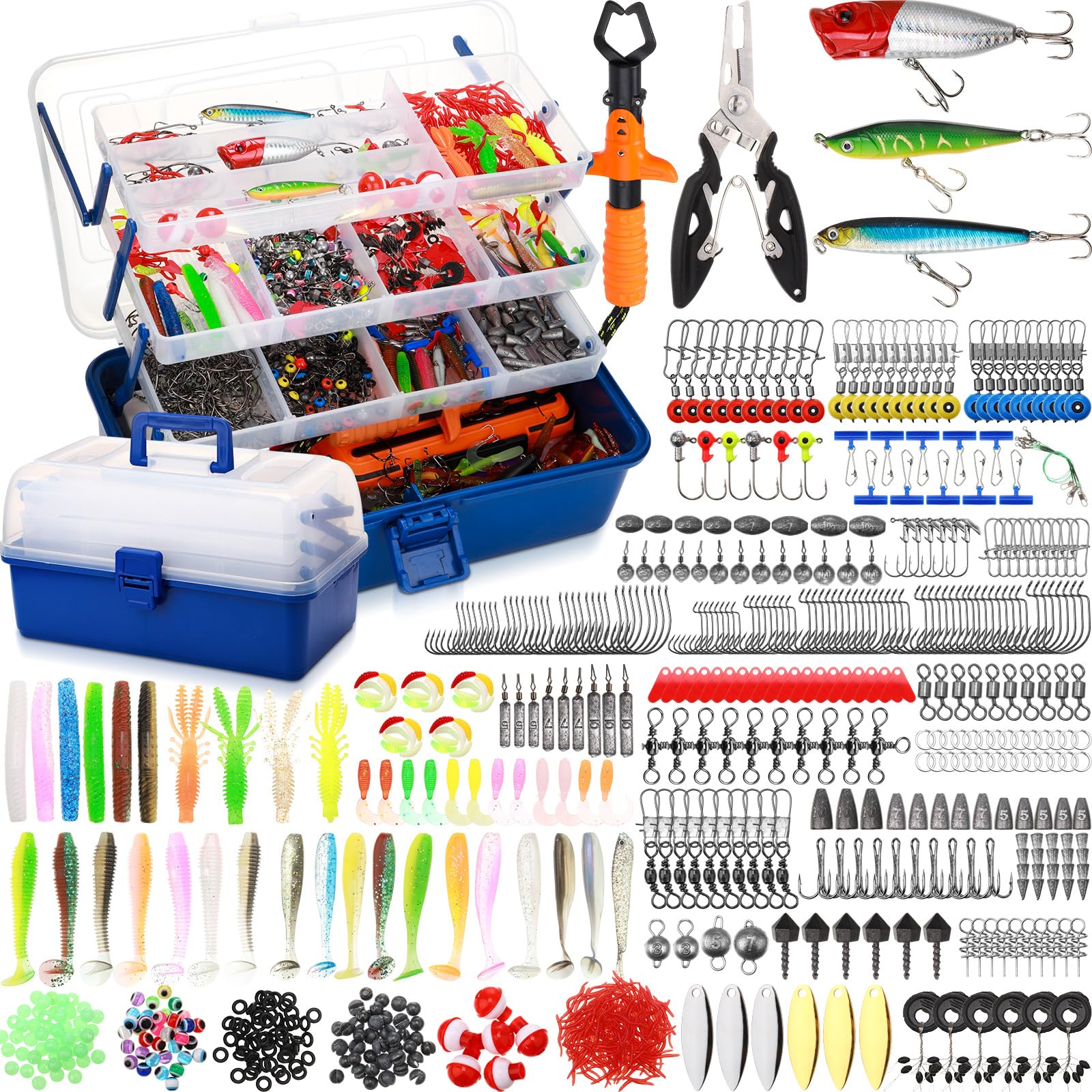 RoundFunny 756 Stück große 4-lagige Angelbox mit Angelköder-Set inklusive, Zange, Lippengreifer, Haken, Gewichte, Sinker, Crankbait und anderes Zubehör, Ausrüstung und Ausrüstung, Geschenk für Männer