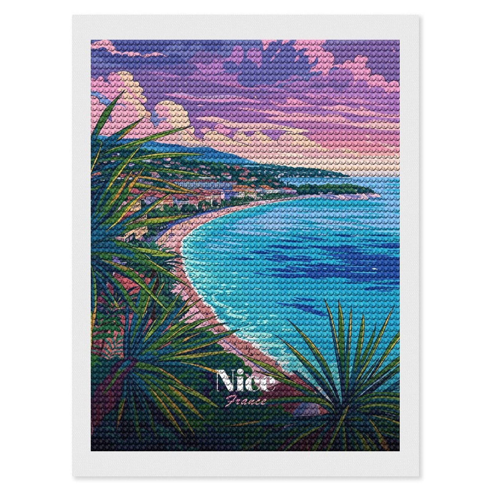 Junmoney Nice, France Coastal View Full Drill Diamond Painting Kit 12"x16", Sparkling Round Gems, Decorate Your Room, Mindful Craft Activity