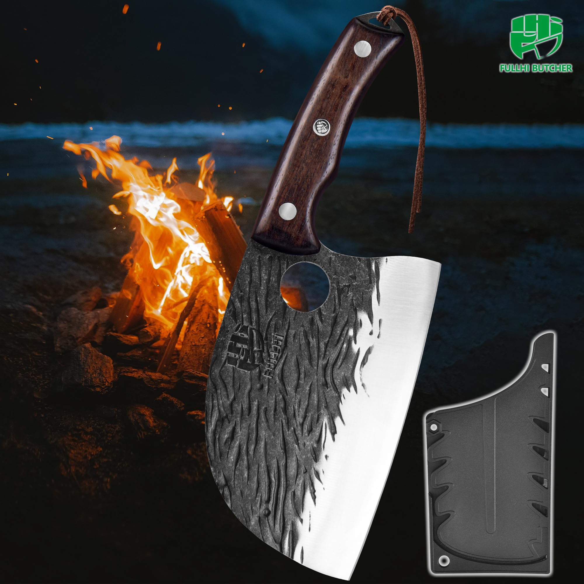 FULLHI 2pcs Coltello da macellaio con fodero, coltello da cuoco serbo Tang, coltello da verdure con mannaia in acciaio al carbonio per esterno, campeggio (Marrone, Coltello da cuoco serbo)