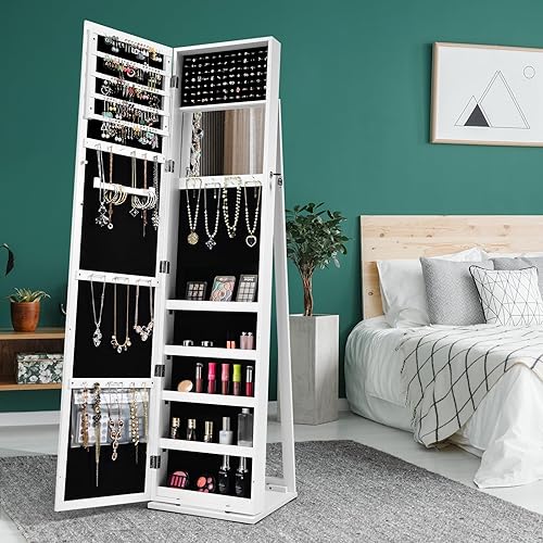 Miniatura 2 de LOKO Gabinete de joyería con cerradura, organizador de maquillaje de gran capacidad con espejo de cuerpo entero, espejo de maquillaje integrado, 5