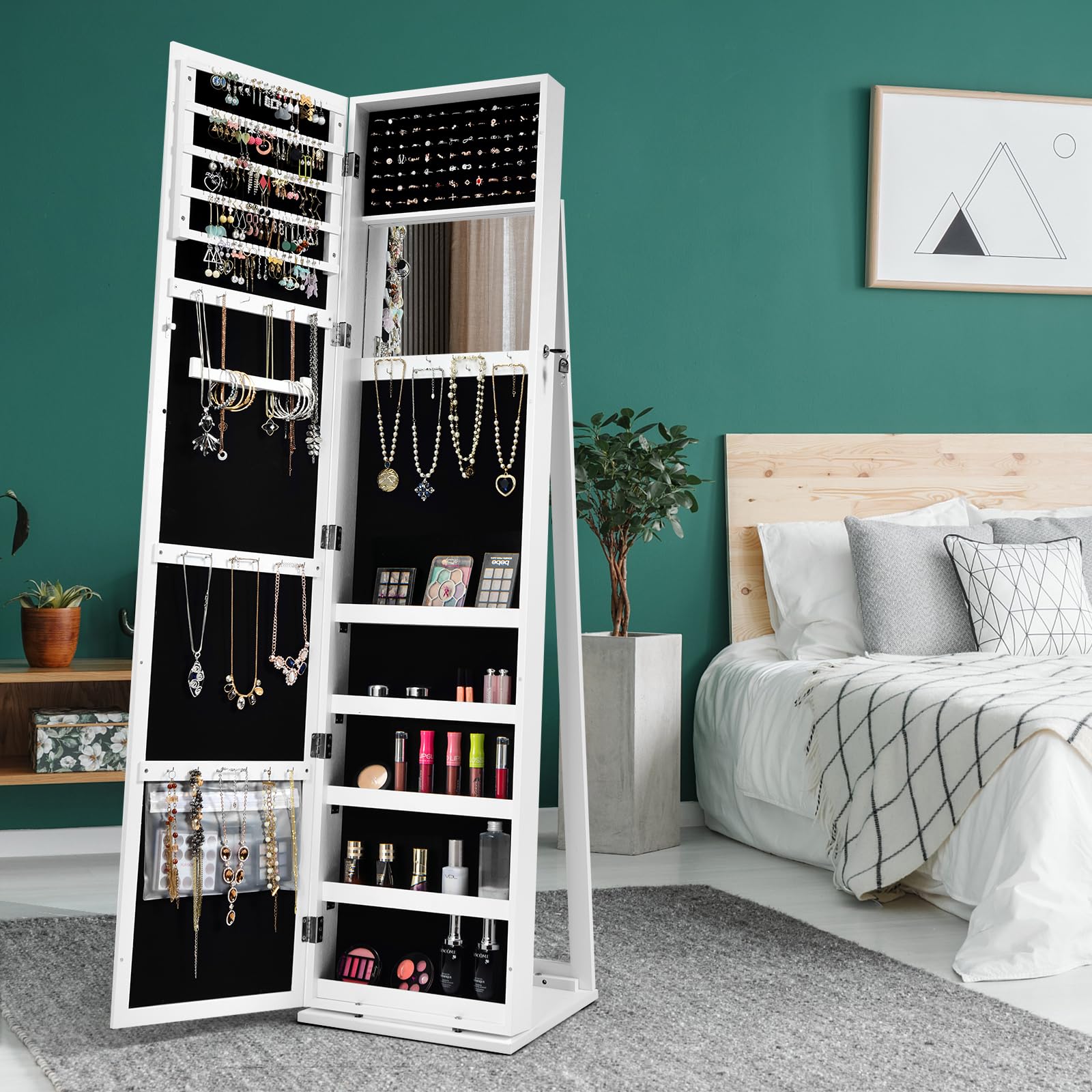 HOMASIS 3 in 1 Schmuckschrank mit 2 Spiegeln & Leiterregal, abschließbares Schmuckregal mit Ganzkörperspiegel & Kosmetikspiegel aus Holz, drehbarer Spiegelschrank für Ketten Ringe Ohrringe (Weiß)