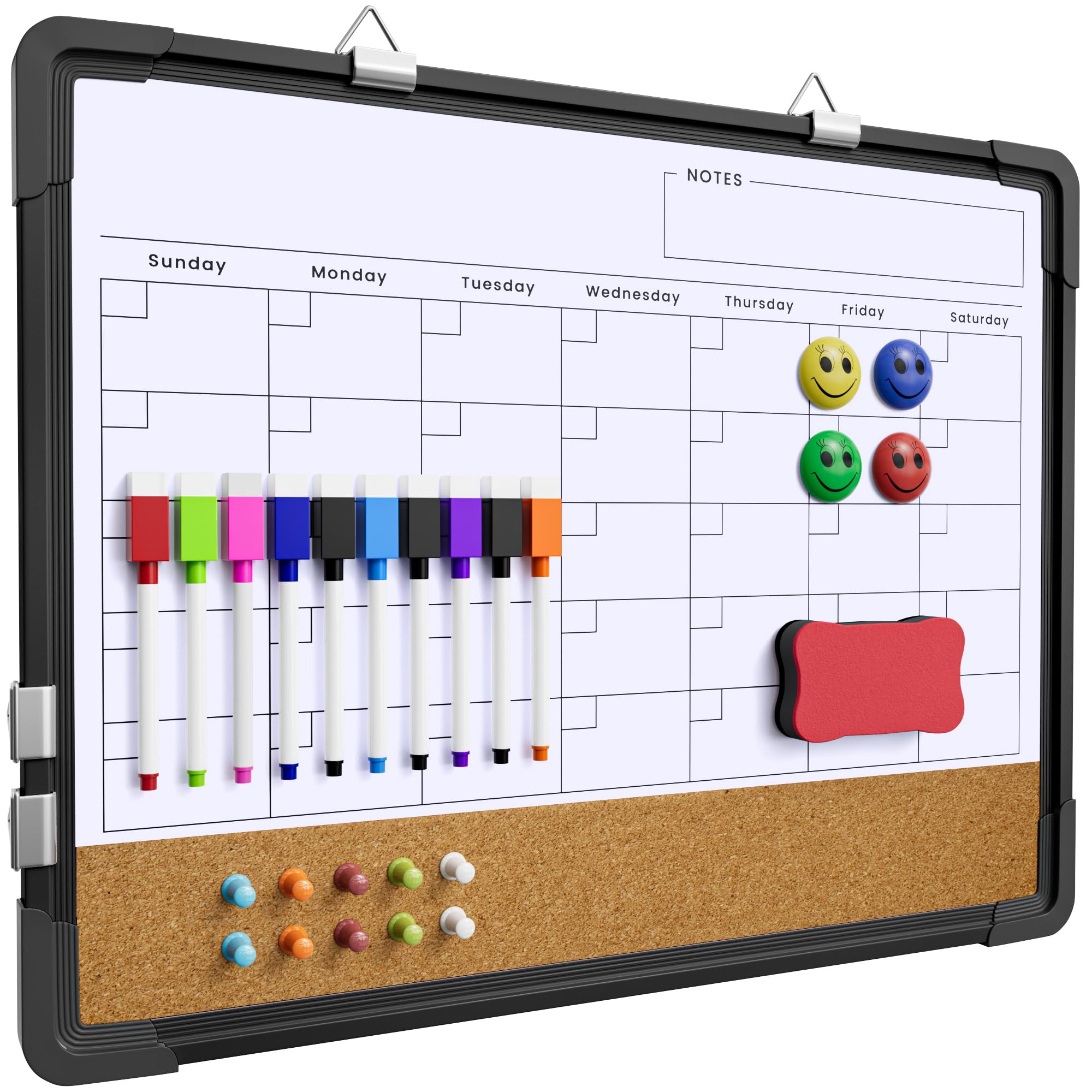 Dry Erase Calendar White Board for Wall, Polegas 17" X 13" Magnetic Whiteboard Dry Erase Cork Board Combination, Small Wall Monthly Double Sided