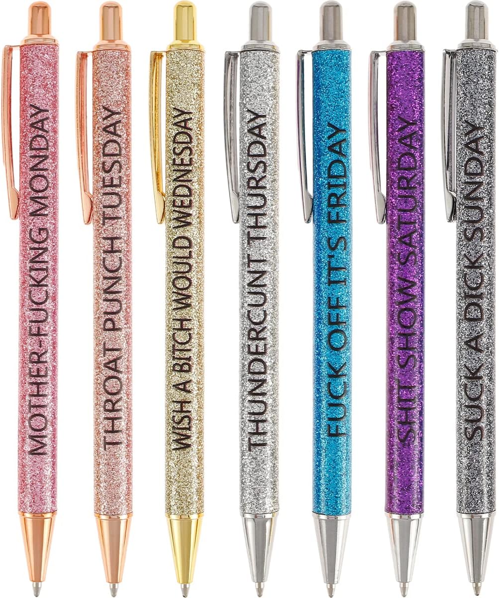 7 Pcs Funny Pens,Fun Ballpoint Pens Daily Pen Set,Seven Days of The Week Pen Describing Mentality,Weekday Vibes Glitter Pen Set,Dirty Cuss Word Pens for Each Day of The Week