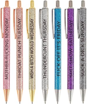 7 Pcs Funny Pens,Fun Ballpoint Pens Daily Pen Set,Seven Days of The Week Pen Describing Mentality,Weekday Vibes Glitter Pen Set,Dirty Cuss Word Pens for Each Day of The Week