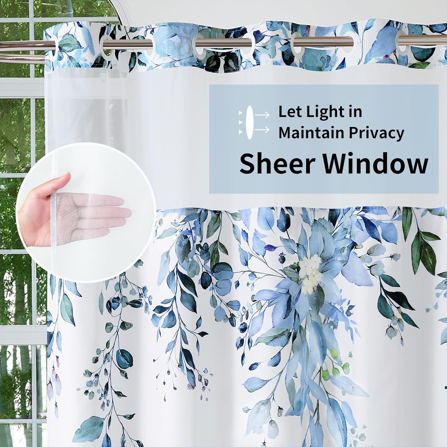 QiyI No Hook Shower Curtain with Snap in Fabric Liner, Blue Eucalyptus Shower Curtain with See Through Top Window, Waterproof Washable Cloth Ringless Shower Curtain Set for Bathroom, 72 x 81