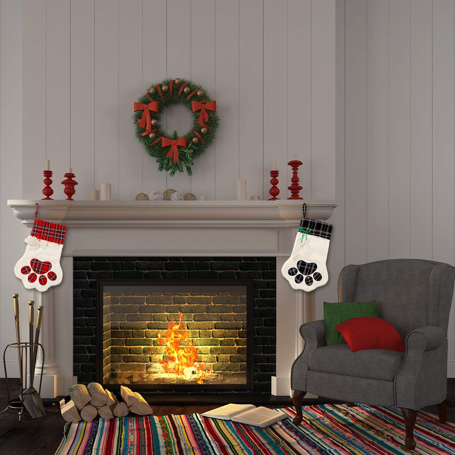 Jetec 4 Pieces Buffalo Plaid Pet Stockings for Cats and Dogs Christmas Stockings Pet Paw Pattern Stockings Fireplace Hanging Stockings Christmas Decorations
