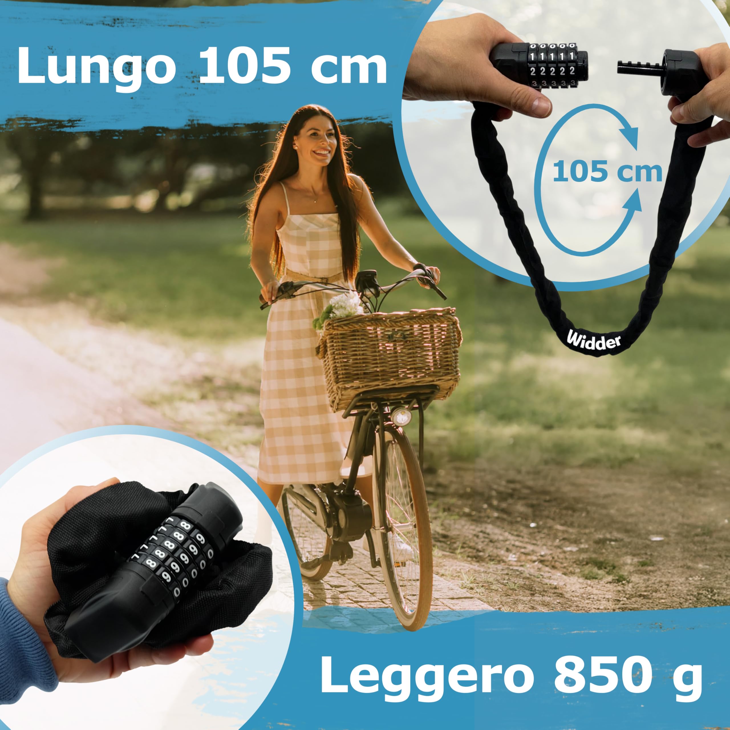 WIDDER Antifurto a combinazione [grandi rotelle numeriche, 5 cifre, 850 g] | Lucchetto con codice | catena antifurto per bici | Alta sicurezza | per monopattino elettrico, e‑bike | Combinazione numerica