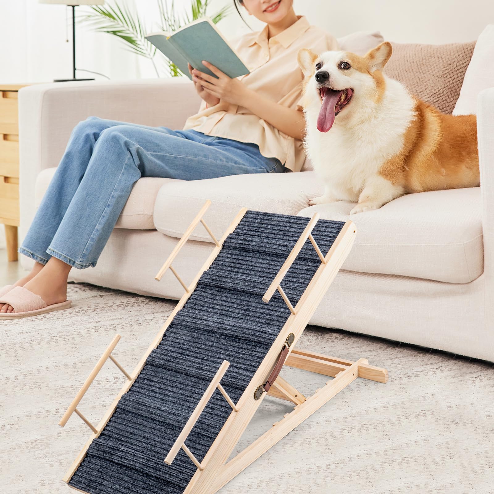 Trintion Hunderampe Klappbare Hunderampe aus Holz HöHenverstellbar 30-60cm rutschfeste Haustiertreppe Für Hunde Und Katzen Hunderampe Klappbar HöHenverstellbare Haustiertreppe rutschfeste Rampe