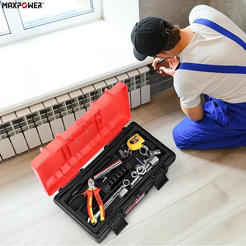 Miniatura 6 de MAXPOWER Caja de herramientas de 17 pulgadas, pequeña caja de herramientas de plástico con asa, bandeja extraíble y pestillos con cerradura