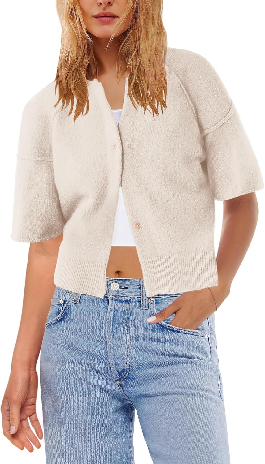 Nirovien Womens Casual Short Sleeve Cardigan Lightweight Button Down Knitted Sweater Crew Neck Cropped Tops - Image 2