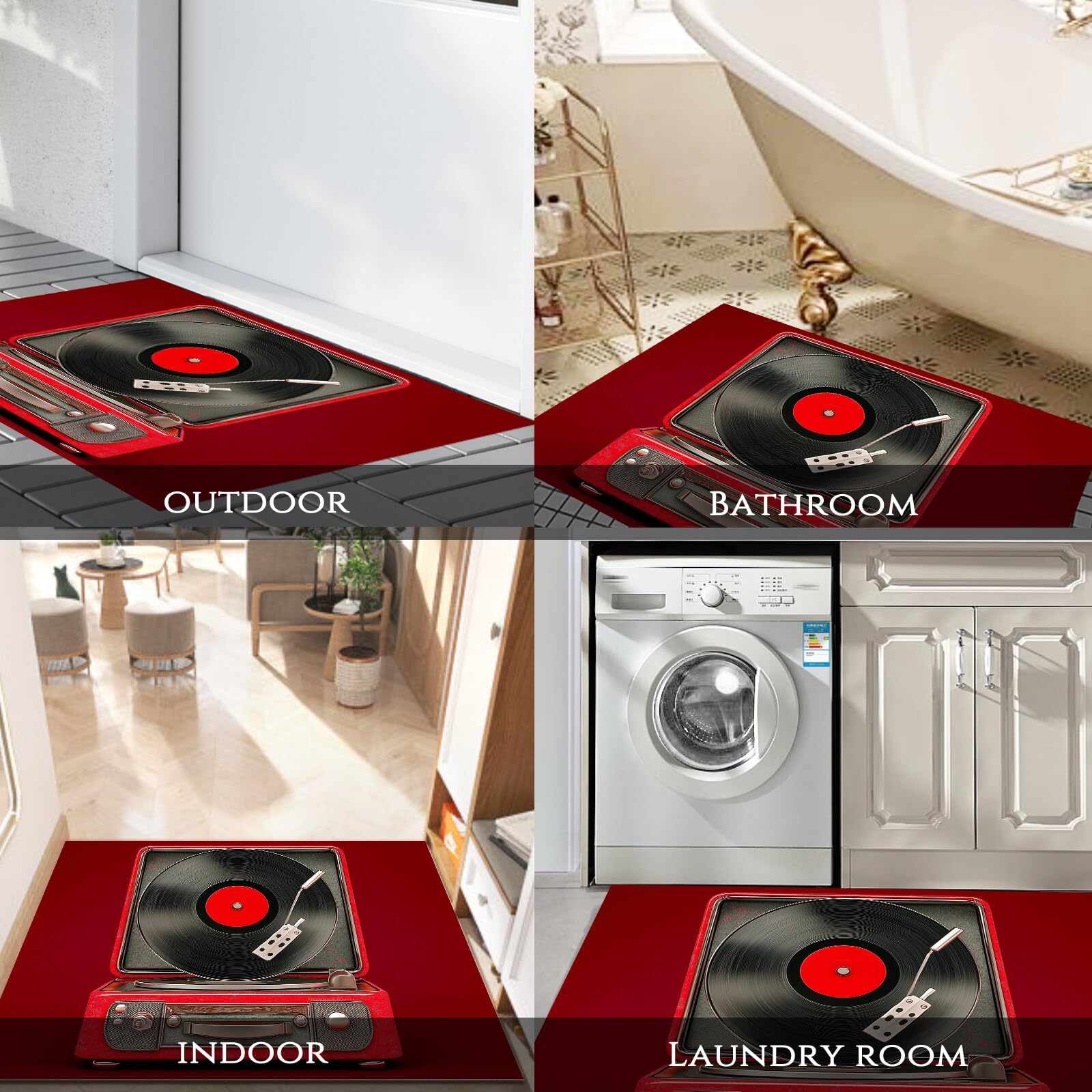 Tappetino Antiscivolo Rosso Nero Giradischi In Vinile 3D,Benvenuto Interni Ed Esterni Tappeto Metallo Retrò,Zerbino Per Porta D'Ingresso Camera Da Letto Soggiorno,90X150Cm