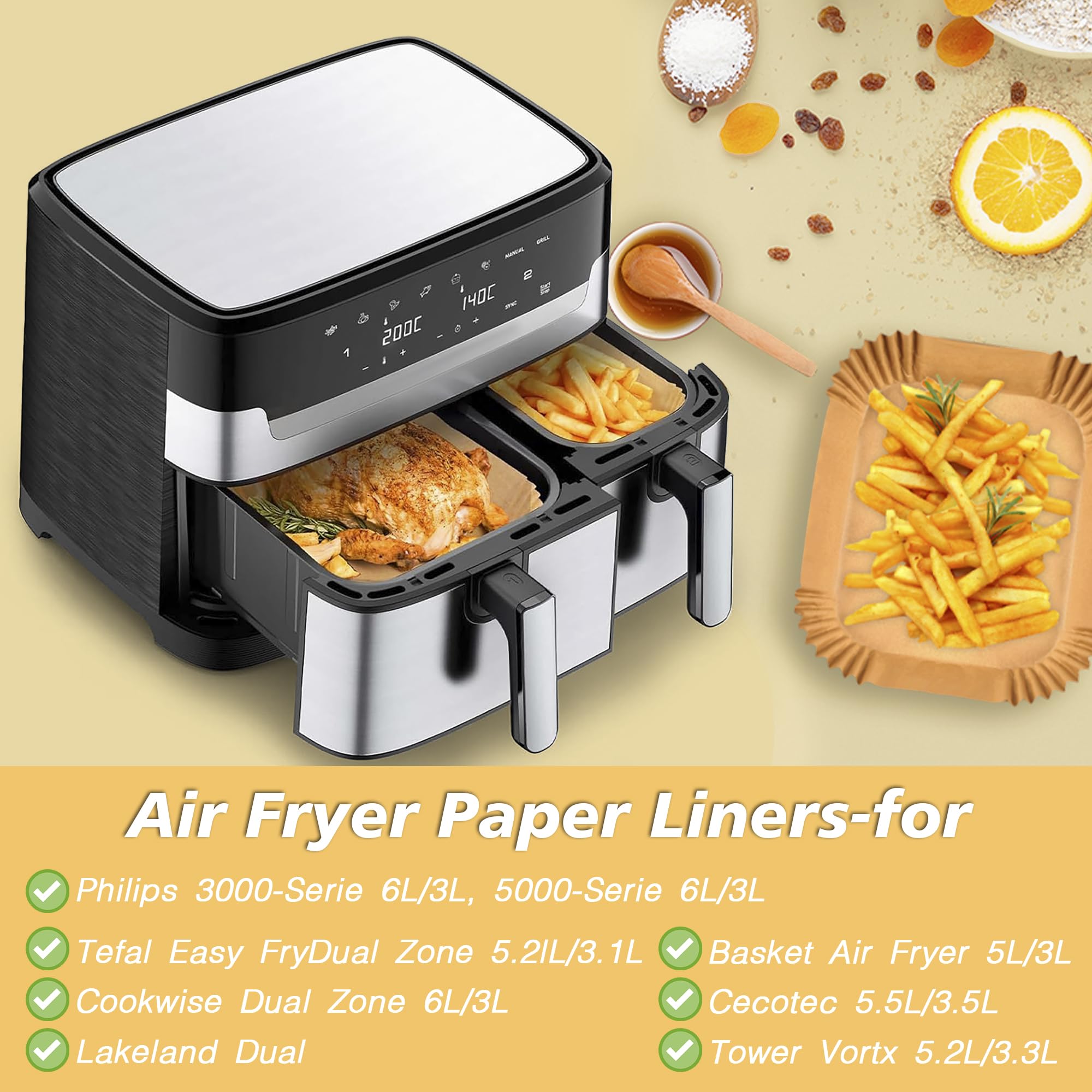 Air Fryer Pieczenia Papieru do Philips Air Fryer 6L/3L Dual Basket NA350/NA550, 150 Sztuk Frytkownicy Na Gorące Powietrze Akcesoria do Tefal EY9018 Dual Easy Fry 5,2L/3,1L & Cecotec 5.5L/3.5L