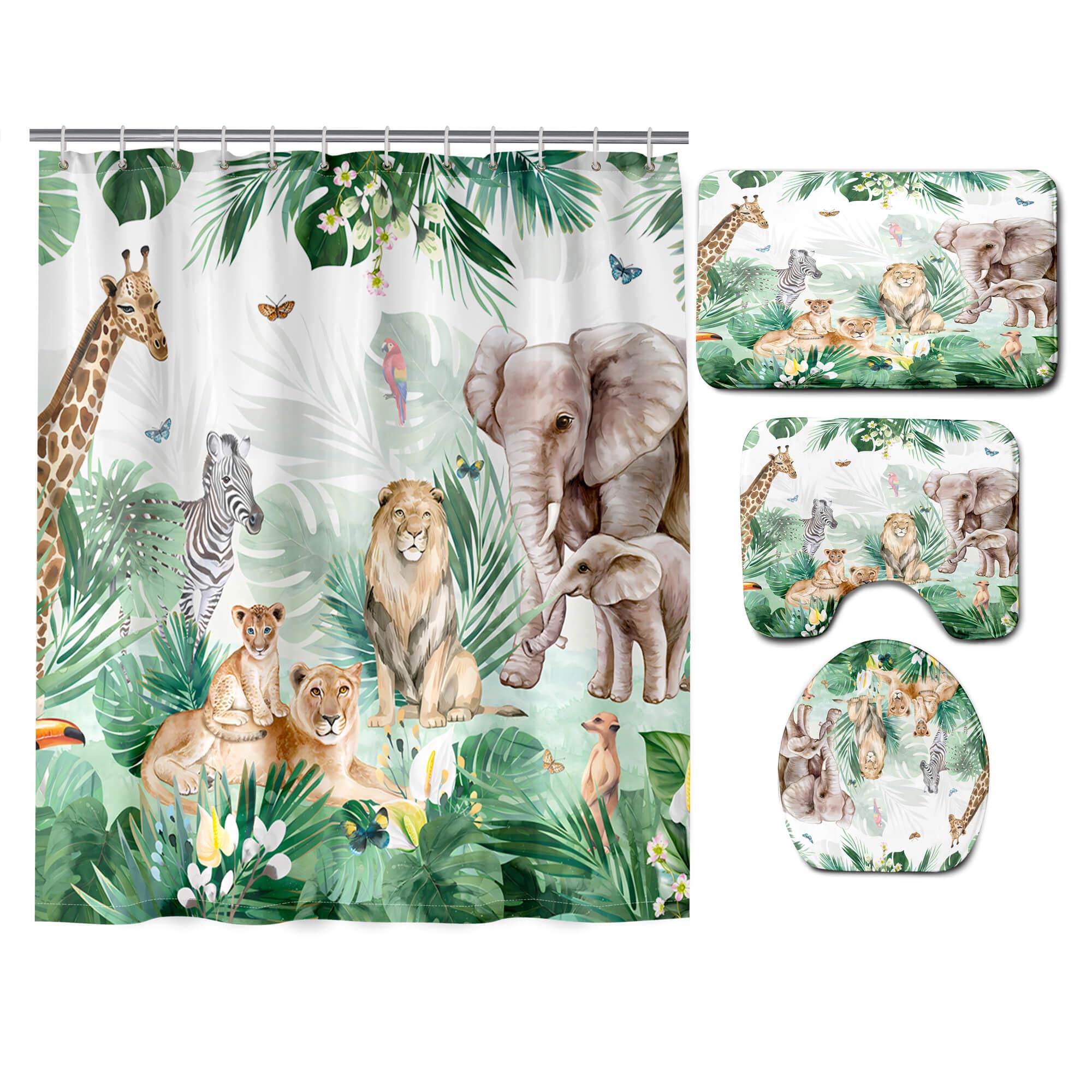 Duschvorhang-Set mit Dschungeltieren, mit Teppichen, Palmen, Afican, Safari-Thema, Badezimmer-Set, Kinderzimmer, Zuhause, Badewanne, Dekoration, langlebige Vorhänge, Matten,
