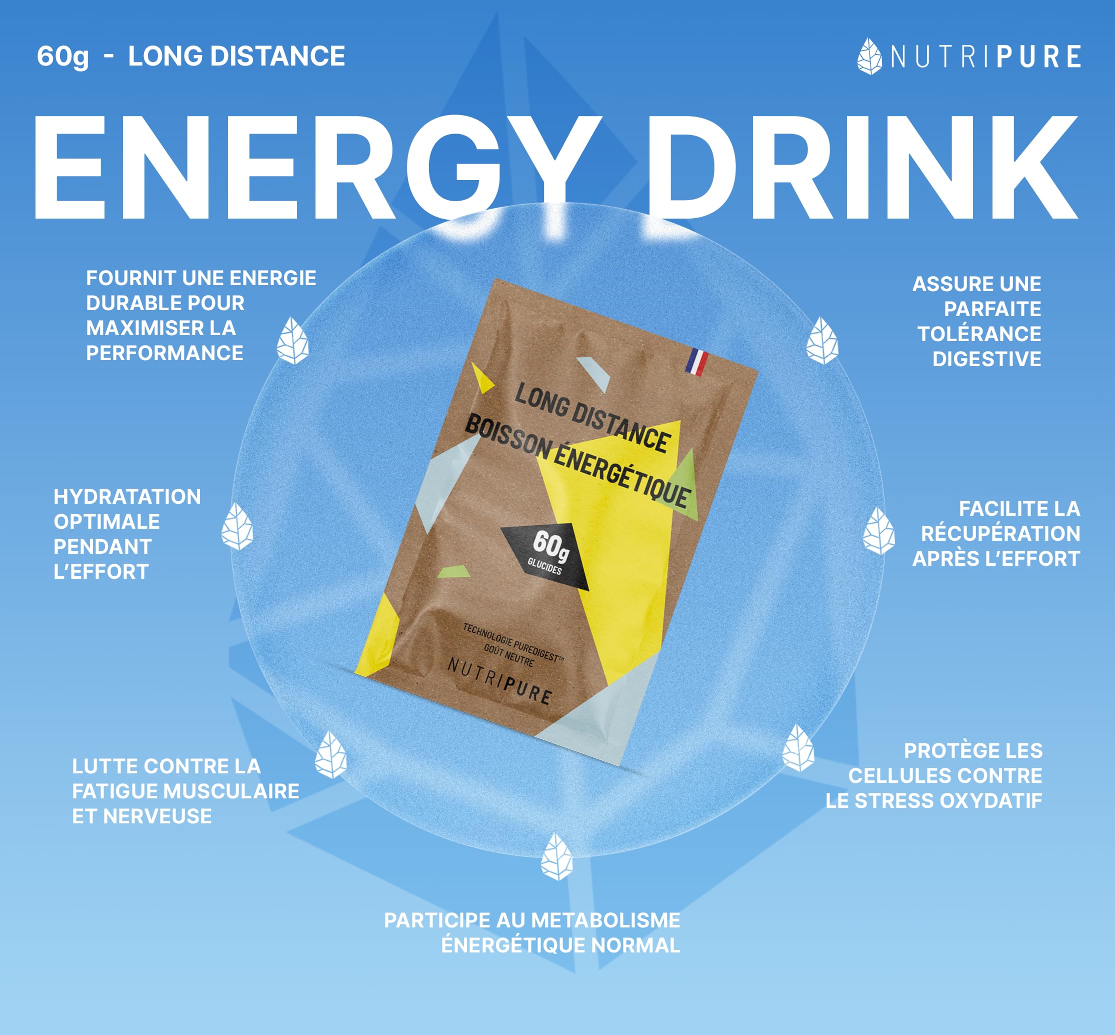 Boisson Énergétique Long Distance 60g – Formule experte pour les efforts >1h30 : 60g de glucides, BCAA, électrolytes pour performance et confort digestif