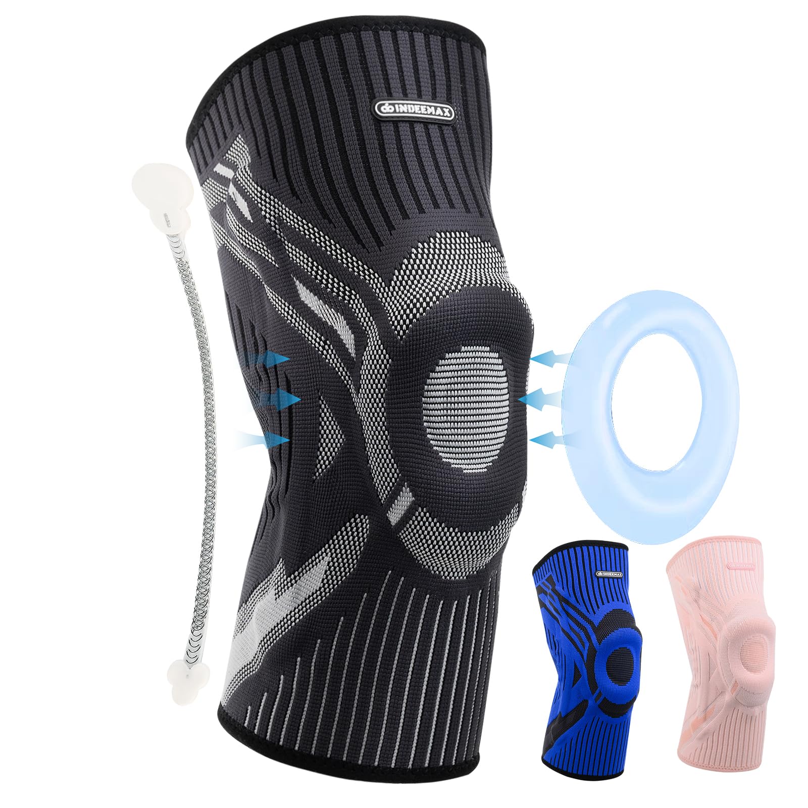 INDEEMAX Kniebandage Männer und Damen,Kompression Kniestütze mit Seitlichen Stabilisatoren & Patella-Gel Polster, Bandage Knie für Lindert Knieschmerzen, ACL, Meniskusriss, Arthritis, Schwarz,XL