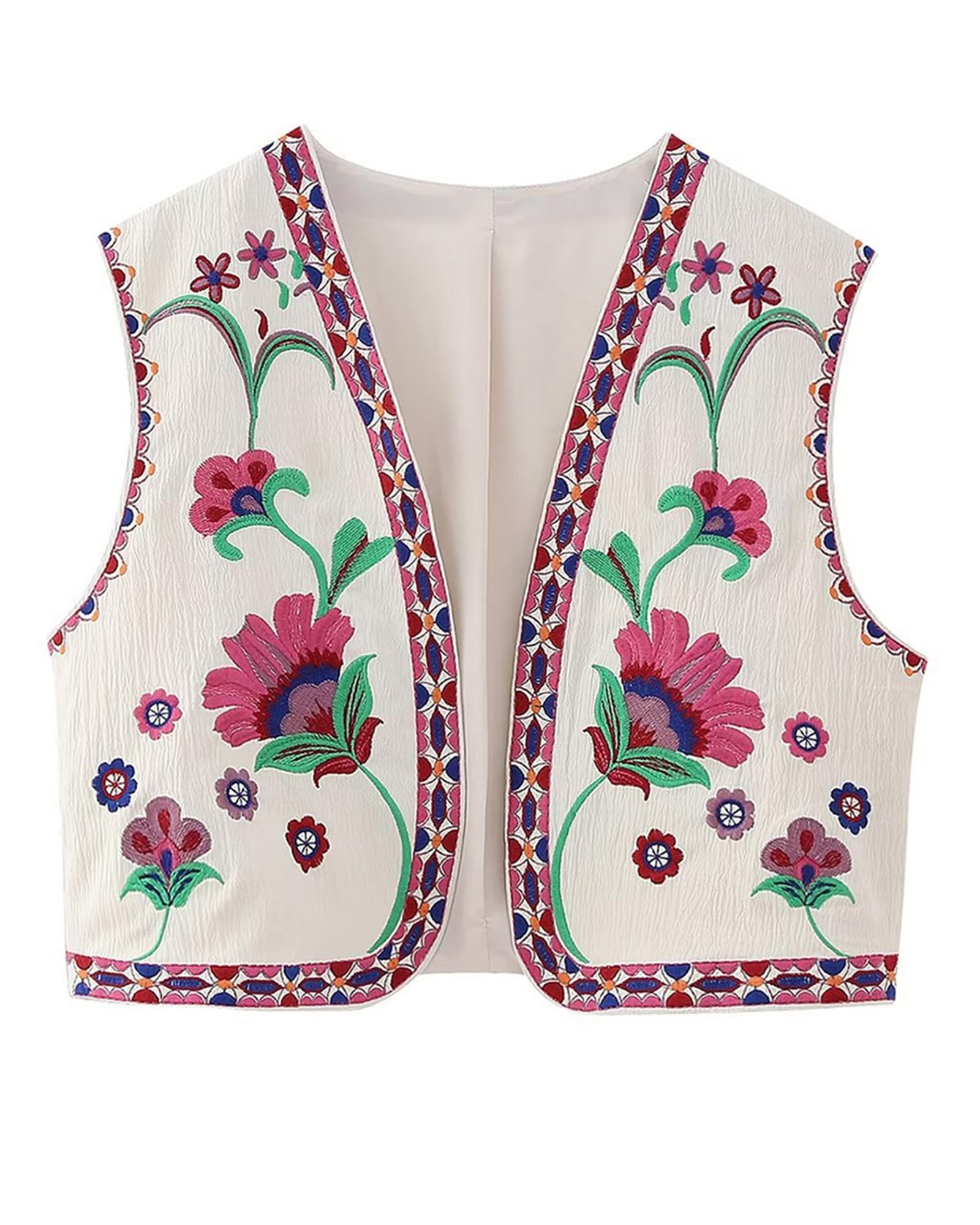 Women Vintage Floral Embroidery Crop Vest Casual Open Sleeveless Cardigan Outerwear Streetwear-image-42