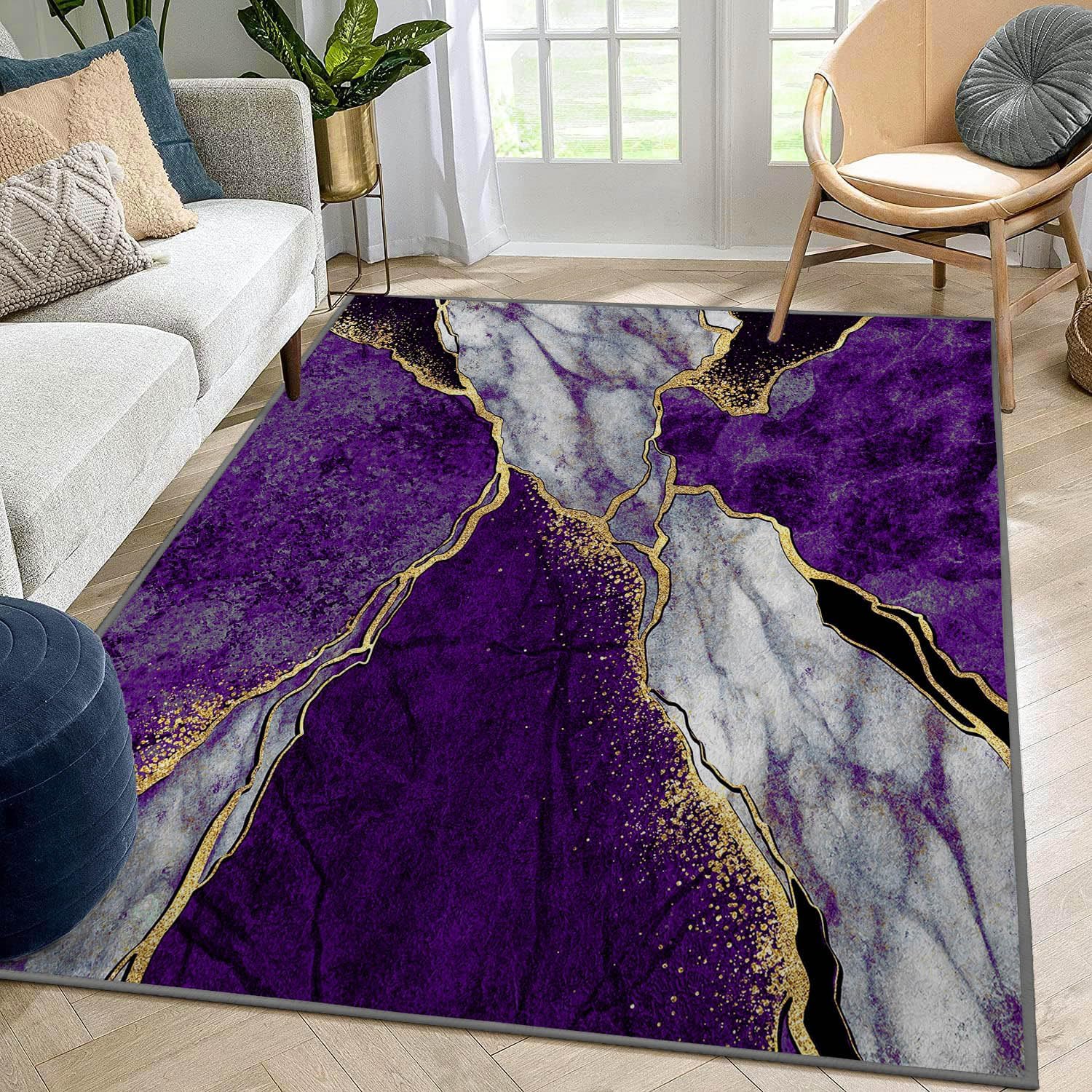 Abstract Area Rug, Purple Gray Marble and Golden Pattern, Machine Washable Modern Non-Slip Rug, Home Decor Floor Carpet for Classroom Laundry Bedroom Living Room, 5' x 7'