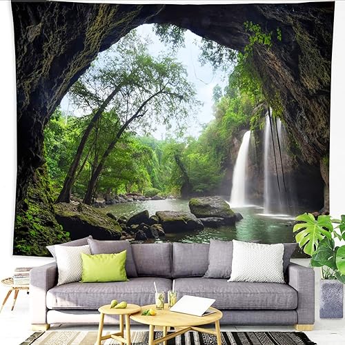 Miniatura 4 de Showutheworld Tapiz verde de paisaje natural, tapiz de selva tropical, tapices de cascada, río, puente de madera, tapiz colgante de pared para sala