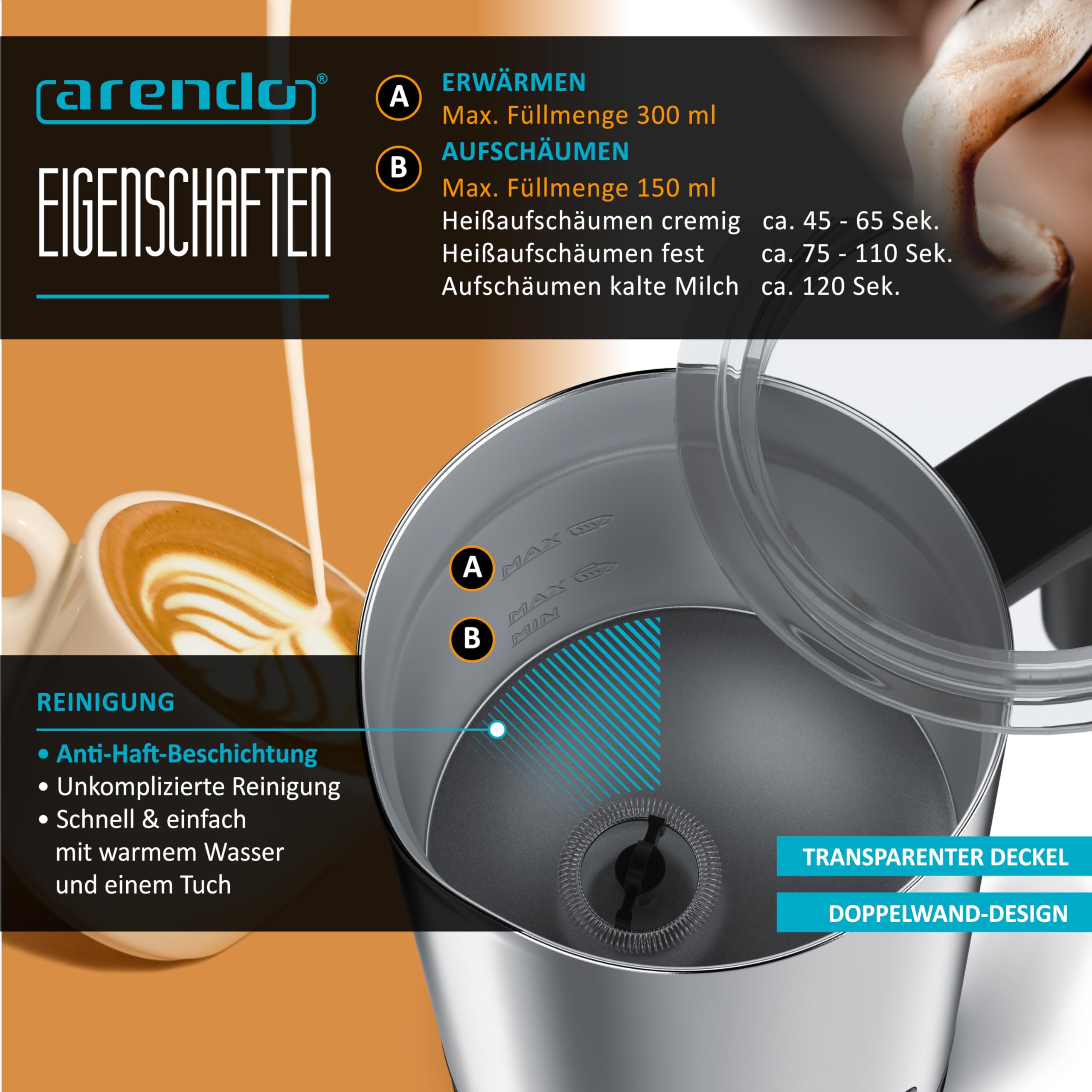 Arendo - Espumador de leche eléctrico 4 en 1 – Carcasa de doble pared – 4 programas – Espuma caliente y fría – Espuma cremosa y firme – 150-300 ml – Revestimiento antiadherente – Cappuccino Latte