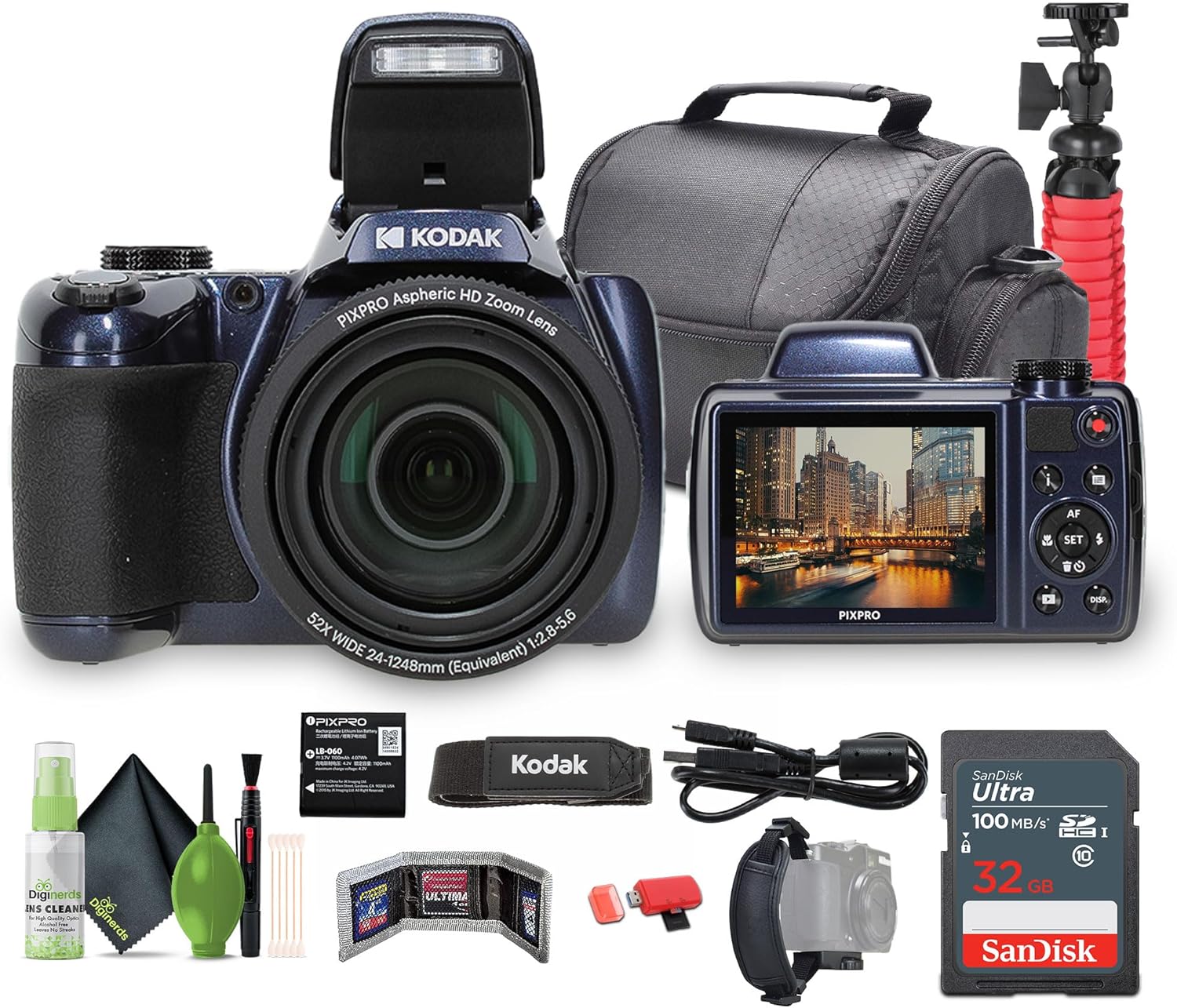 KODAK PIXPRO AZ528 Astro Zoom BSI-CMOS Bridge Vlogging Digital Camera 16MP 52X 1080p Wi-Fi (Midnight Blue) Bundle with 32GB Memory Card + Vlogger Tripod + Bag + Cleaning Kit + More Accessories