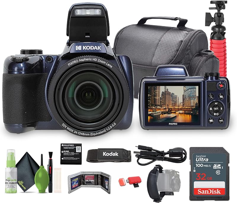 KODAK PIXPRO AZ528 Astro Zoom BSI-CMOS Bridge Vlogging Digital Camera 16MP 52X 1080p Wi-Fi (Midnight Blue) Bundle with 32GB Memory Card + Vlogger Tripod + Bag + Cleaning Kit + More Accessories