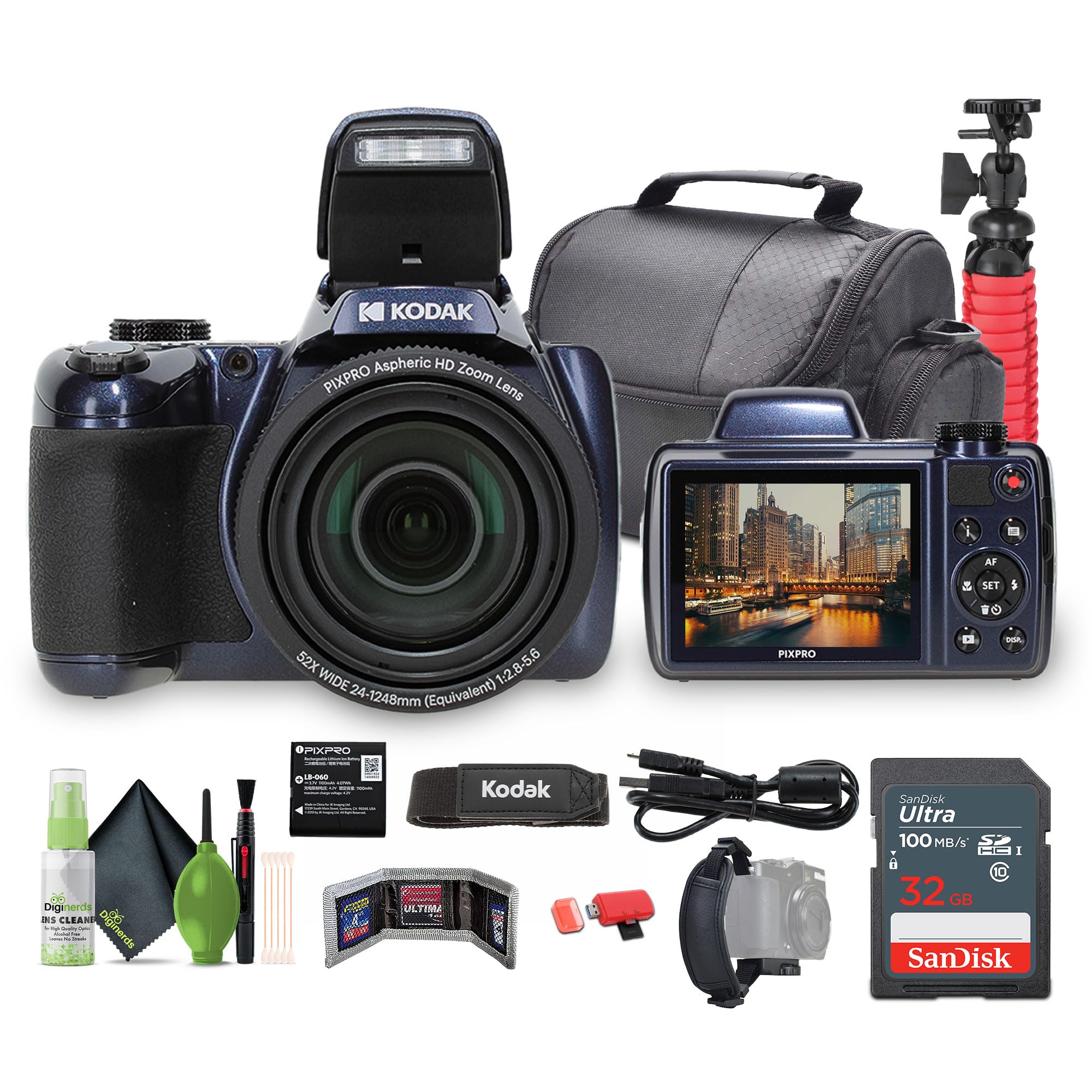 KODAK PIXPRO AZ528 Astro Zoom BSI-CMOS Bridge Vlogging Digital Camera 16MP 52X 1080p Wi-Fi (Midnight Blue) Bundle with 32GB Memory Card + Vlogger