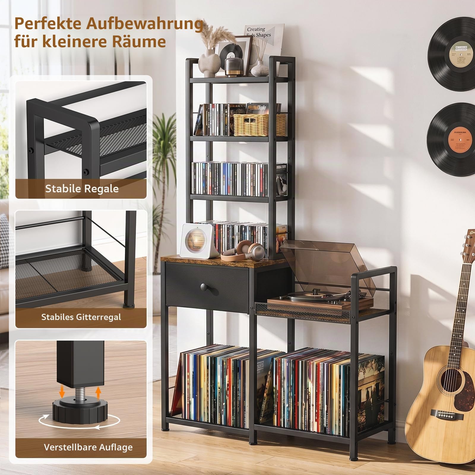ikkle CD-Regal mit Schallplatten Regal – 7 Stufen DVD Regal mit Schublade & Plattenspielerständer, für 150 DVDs oder 300 CDs, 75 Schallplatten, Bücher, CD-Ständer für Wohnzimmer, Schlafzimmer & Büro